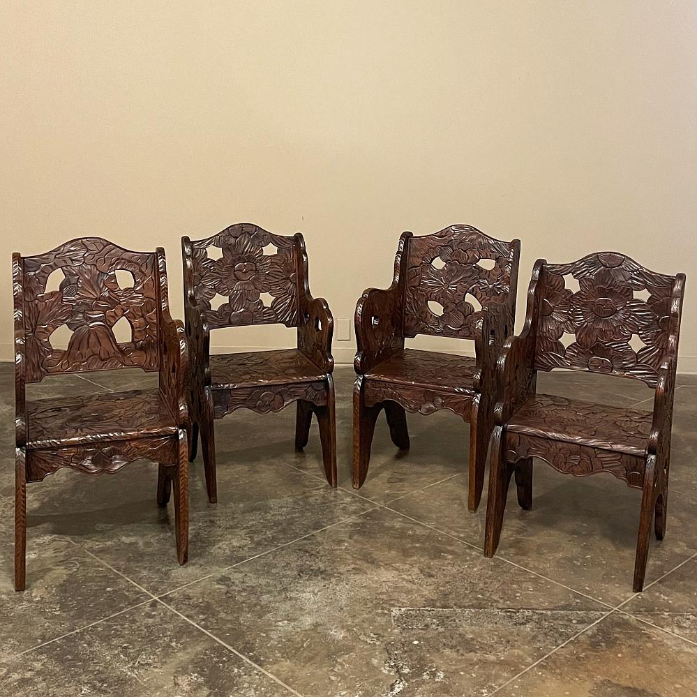 French Set of 4 Antique Black Forest Style Sycamore Armchairs ~ Game Table Chairs For Sale