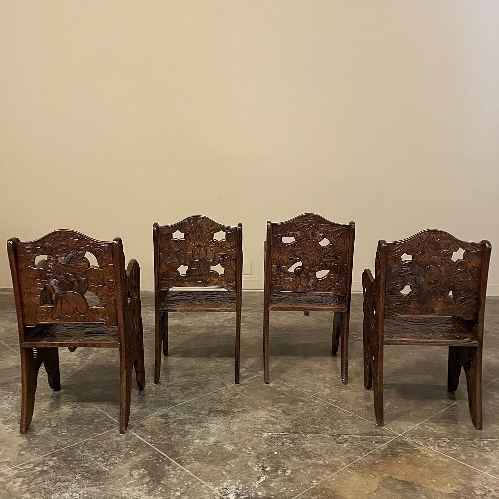Hand-Carved Set of 4 Antique Black Forest Style Sycamore Armchairs ~ Game Table Chairs For Sale