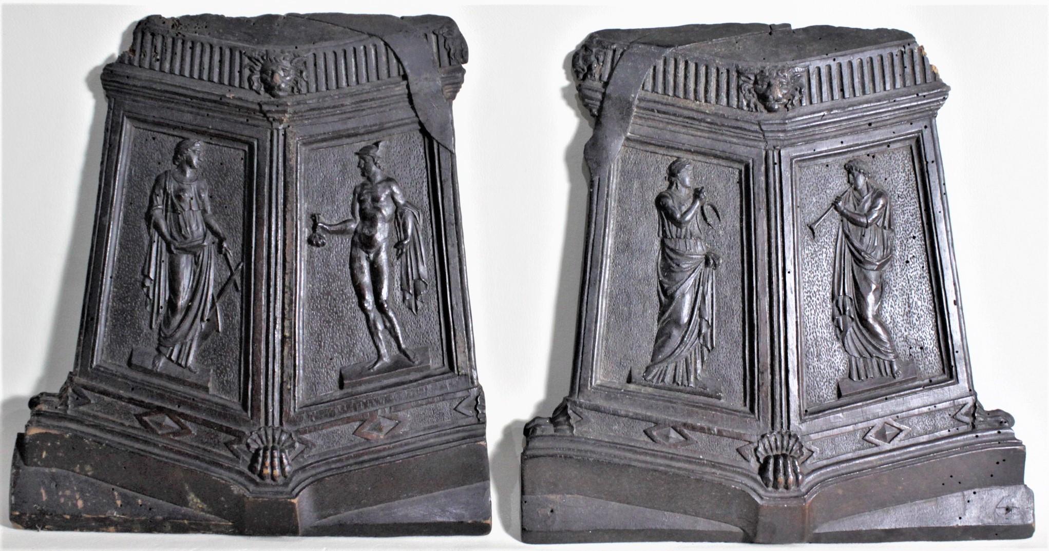 English Set of 4 Antique Carved Wooden Panels or Wall Plaques with Neoclassical Figures