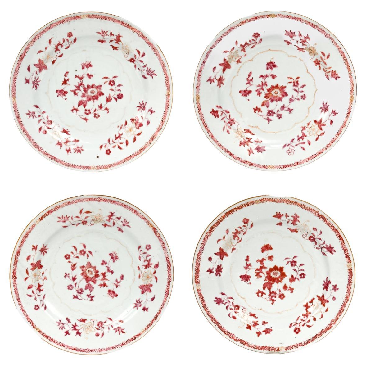 Set of 4 Antique Chinese Export Porcelain Pink or Familie Rose Floral Plates