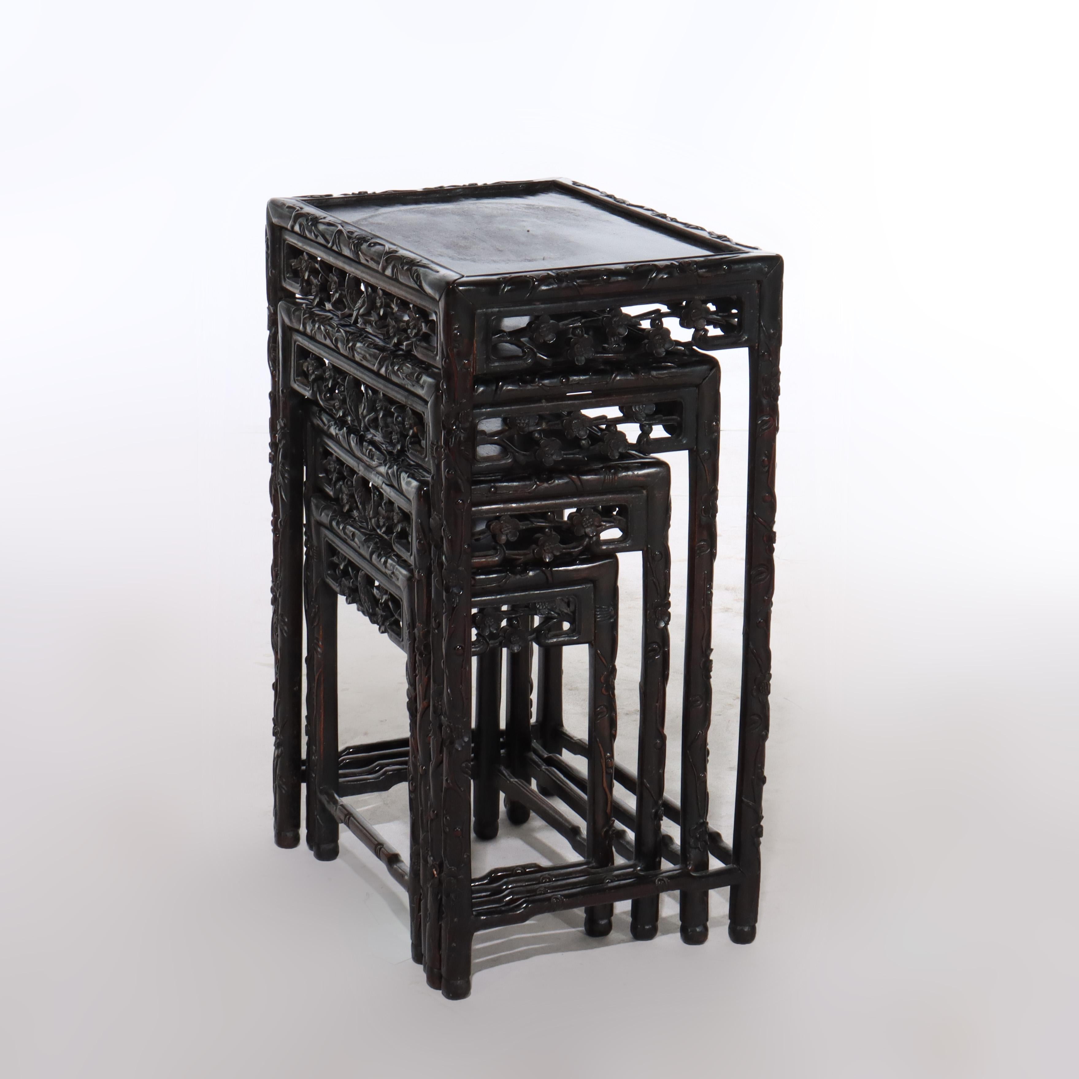Set of 4 Antique Chinese Floral & Figural Carved Hardwood Nesting Tables For Sale 6