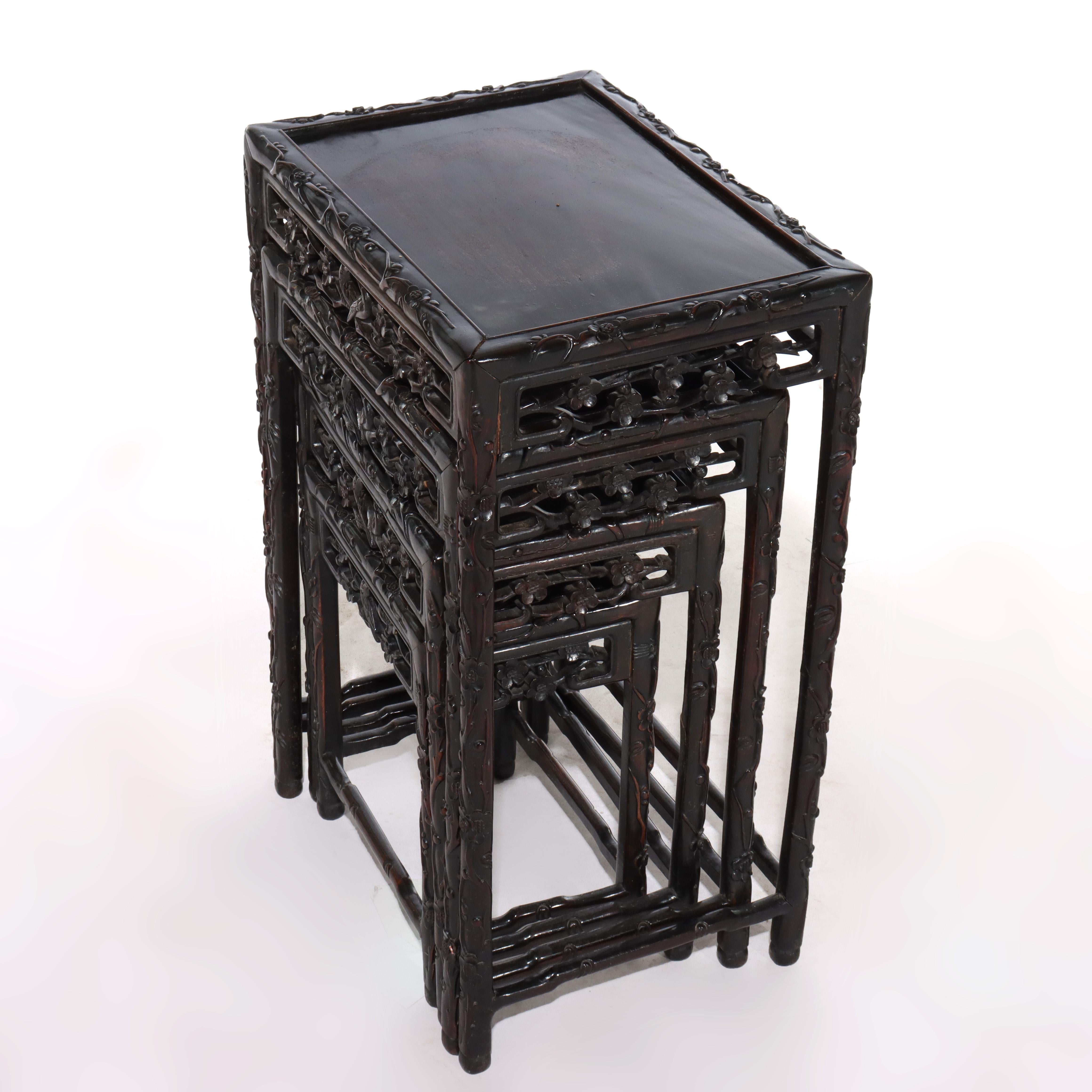 Set of 4 Antique Chinese Floral & Figural Carved Hardwood Nesting Tables For Sale 7