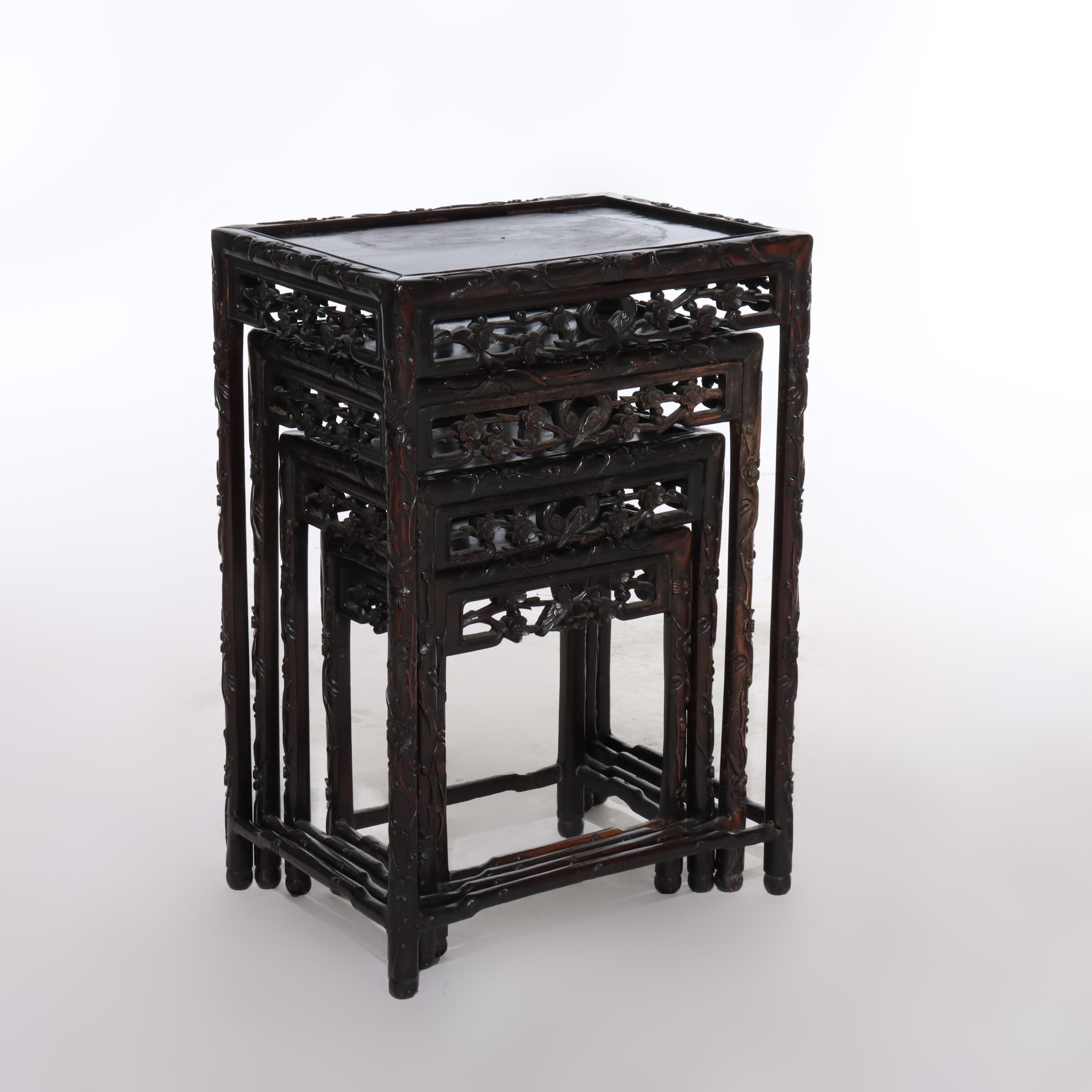 Set of 4 Antique Chinese Floral & Figural Carved Hardwood Nesting Tables For Sale 8