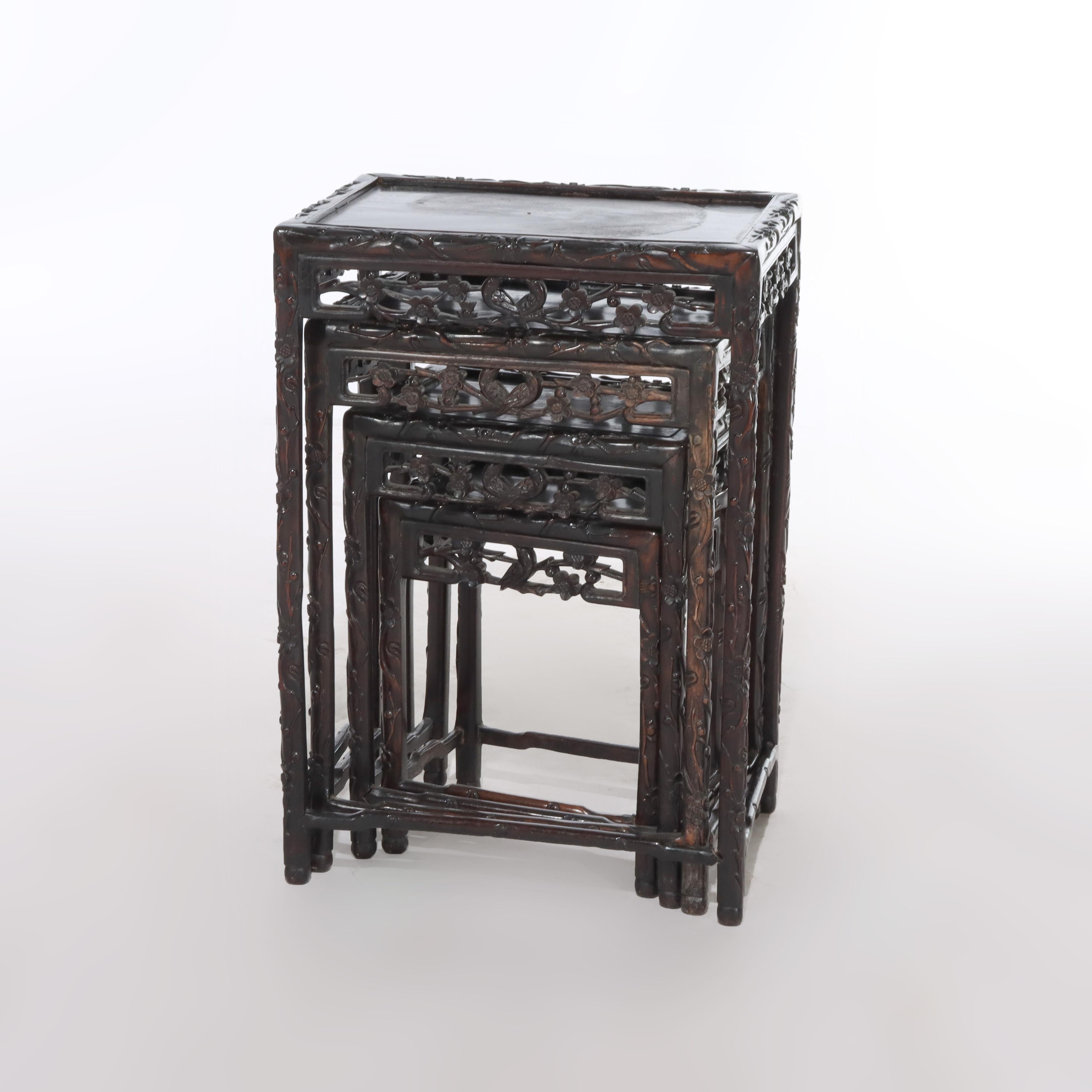 Set of 4 Antique Chinese Floral & Figural Carved Hardwood Nesting Tables For Sale 9
