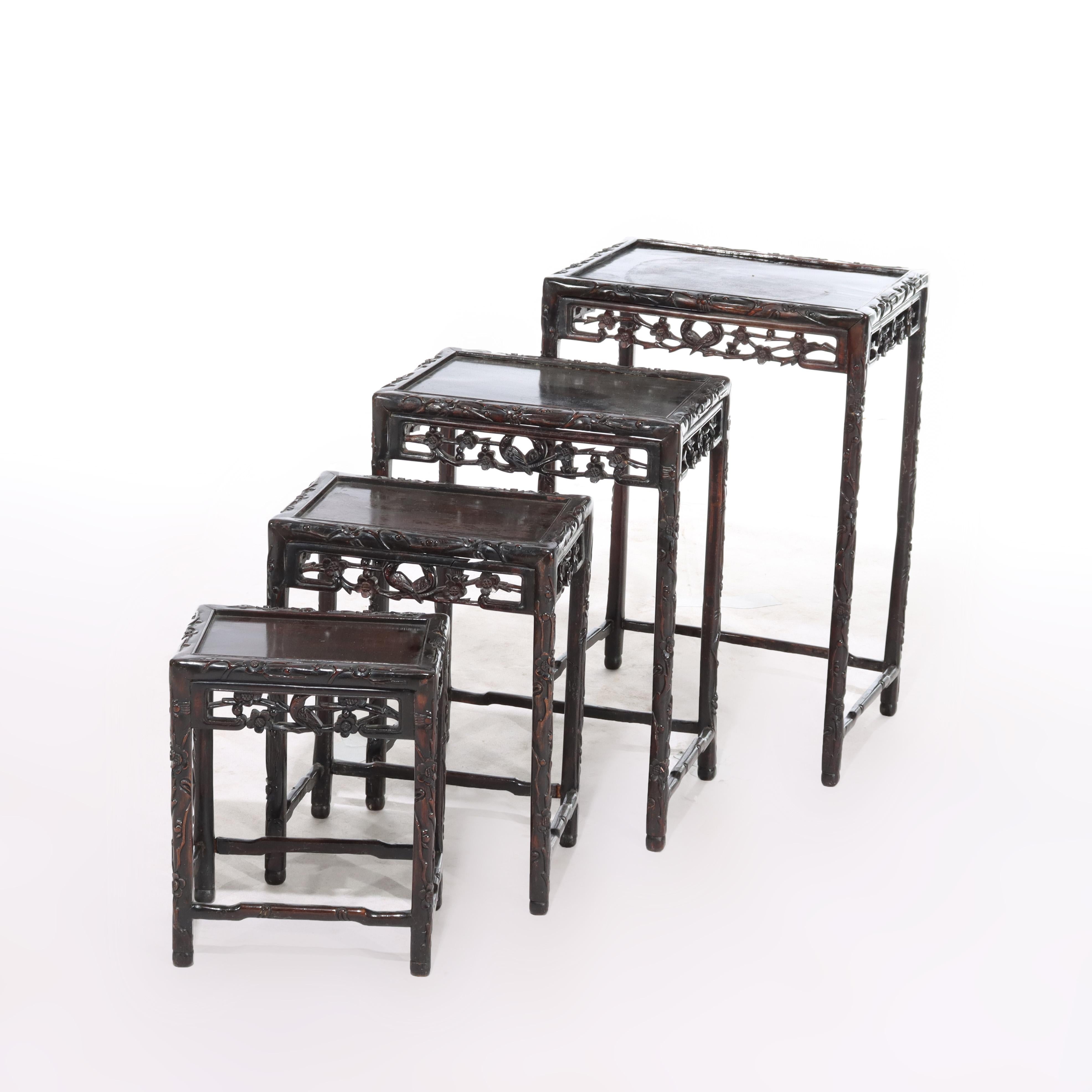 ***Reduced In-House Delivery Rates - Click on “Ask Seller” to Request a Quote***
Set of Four Antique Chinese Floral & Figural Carved Hardwood Nesting Table C1900
Measures - 16