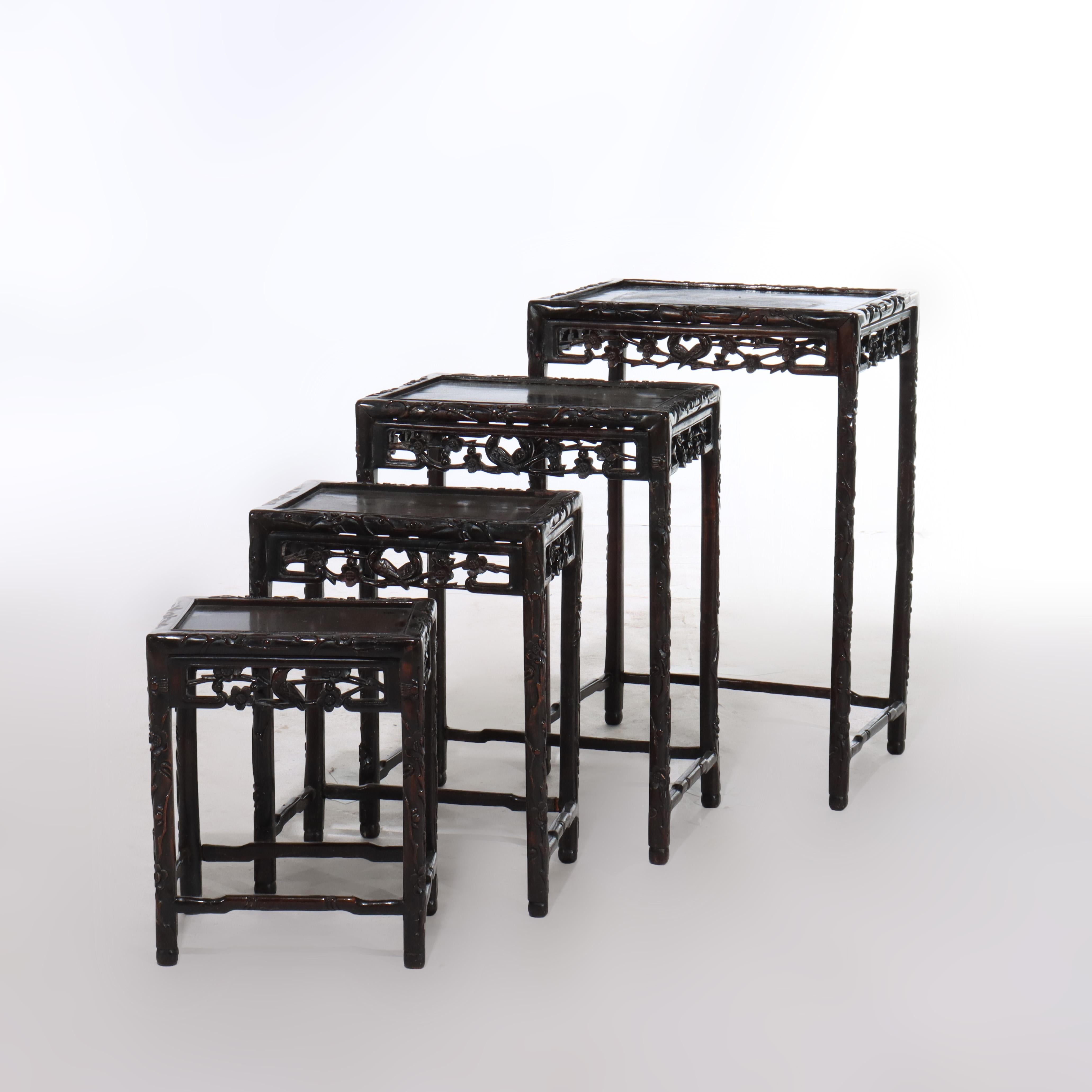 20th Century Set of 4 Antique Chinese Floral & Figural Carved Hardwood Nesting Tables For Sale