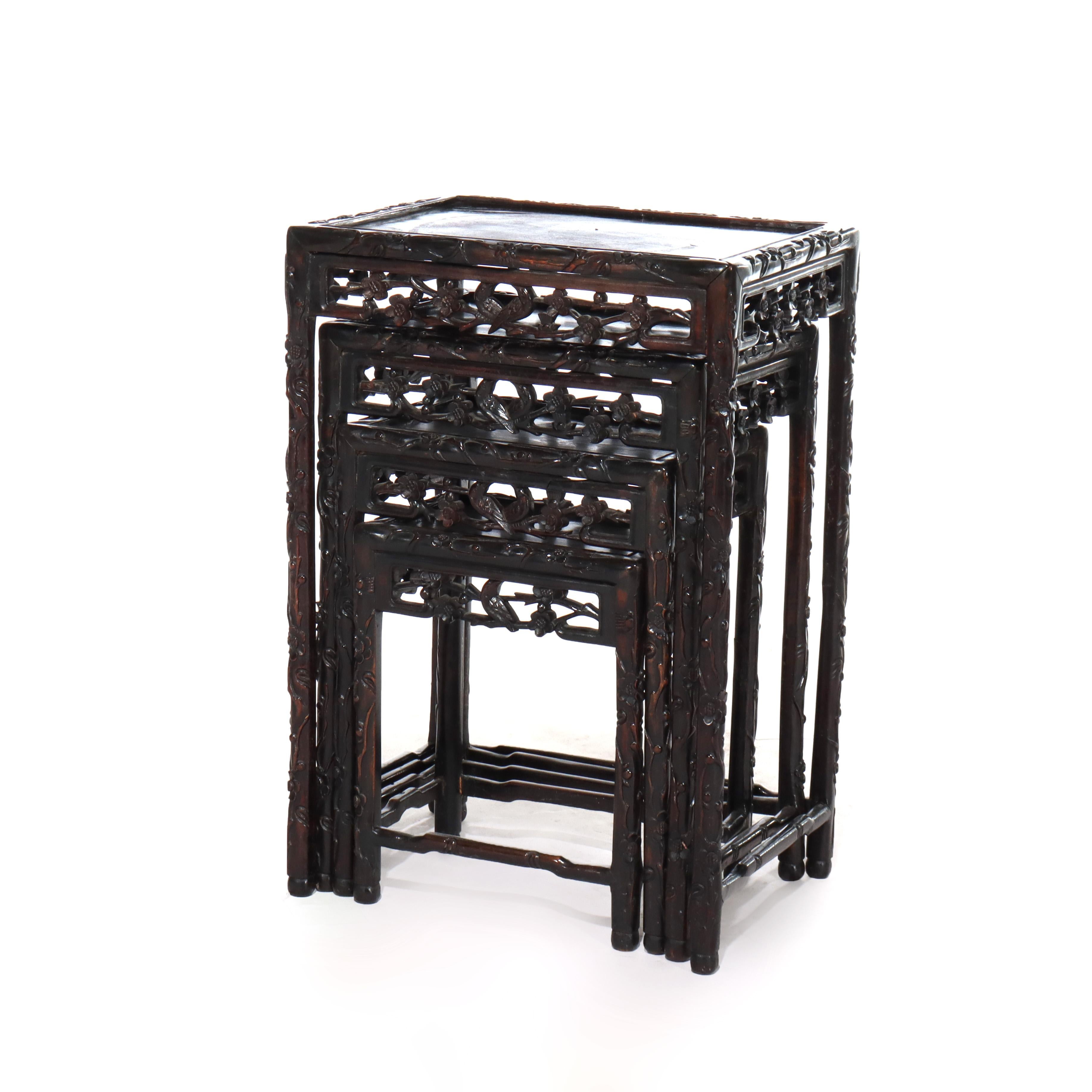 Set of 4 Antique Chinese Floral & Figural Carved Hardwood Nesting Tables For Sale 1