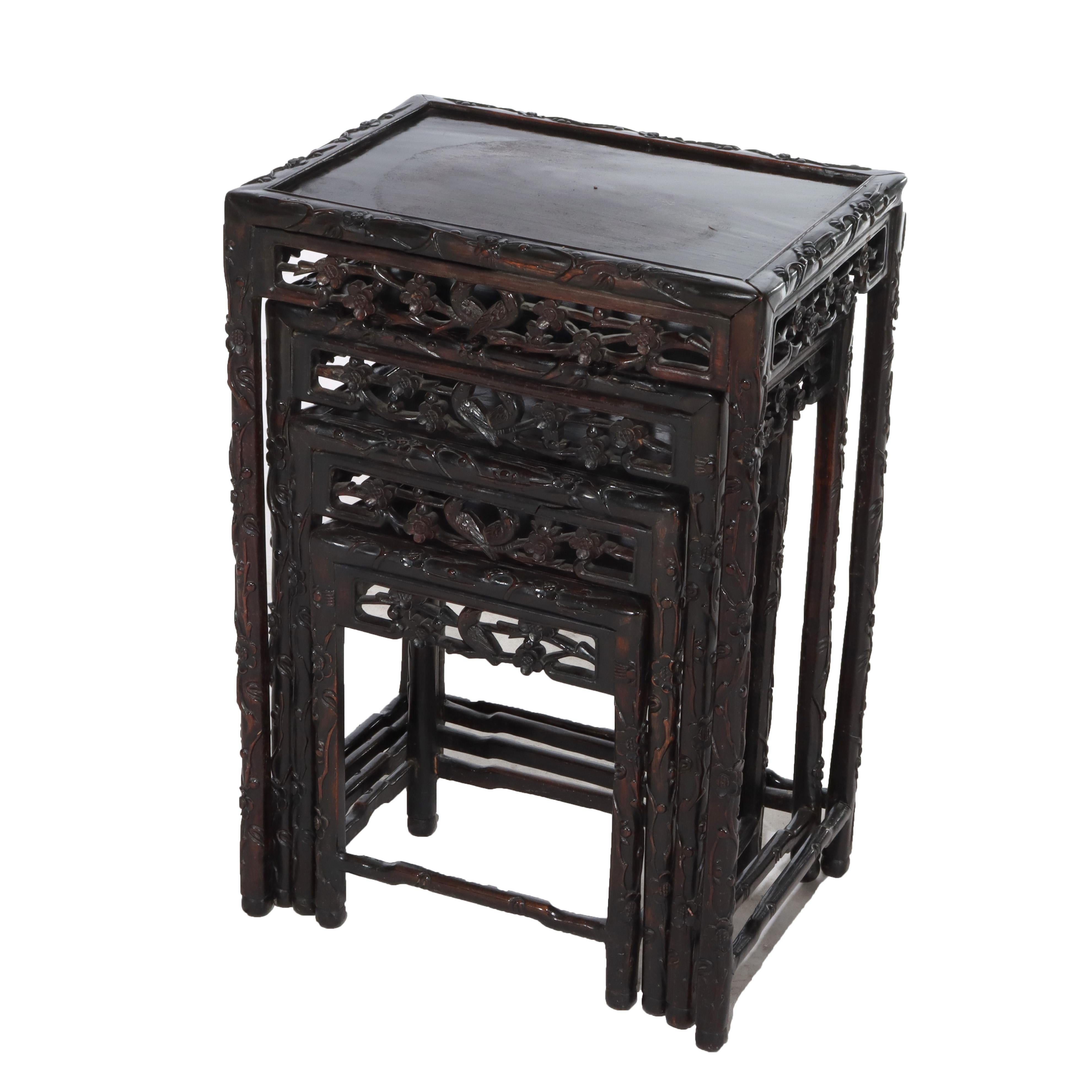 Set of 4 Antique Chinese Floral & Figural Carved Hardwood Nesting Tables For Sale 2