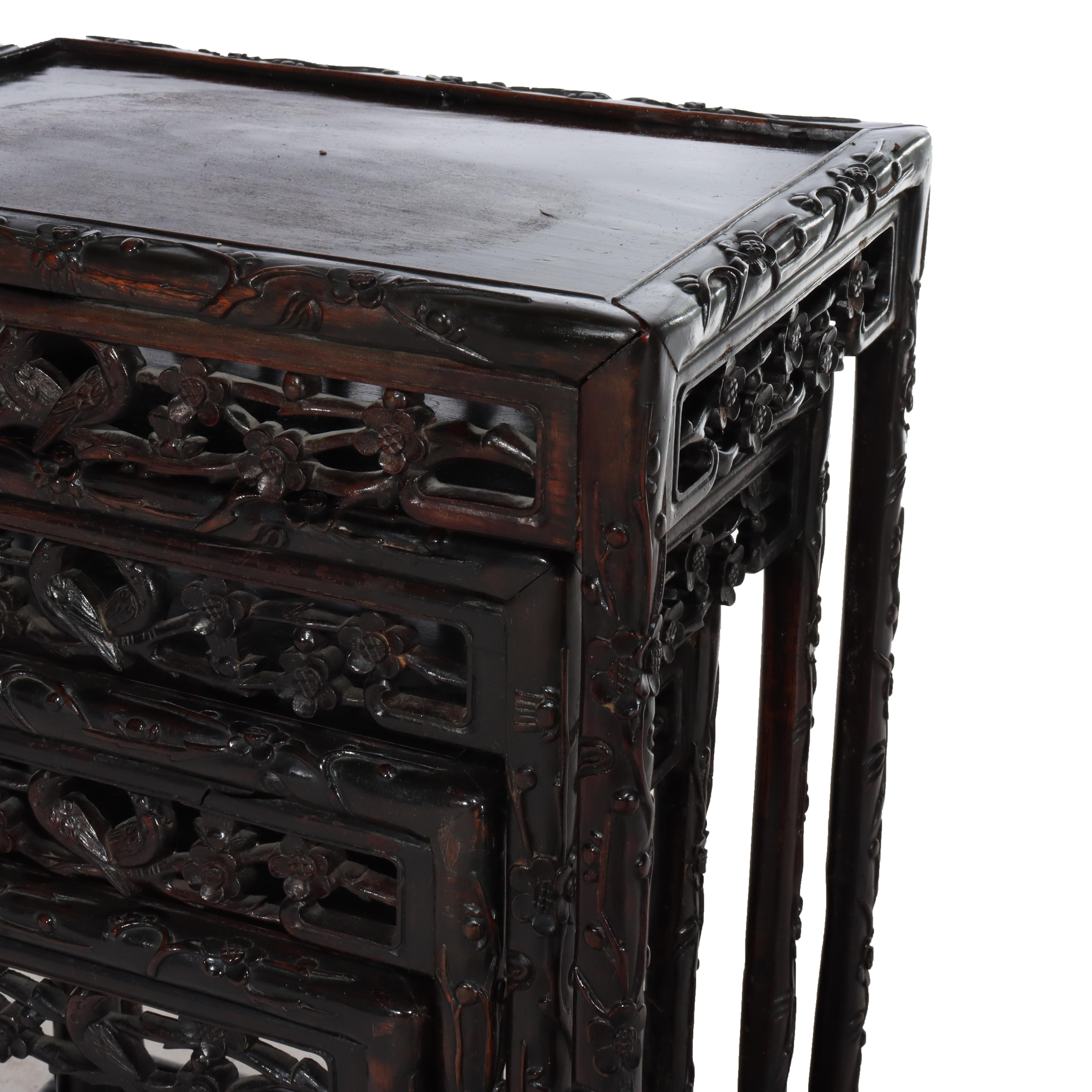 Set of 4 Antique Chinese Floral & Figural Carved Hardwood Nesting Tables For Sale 3