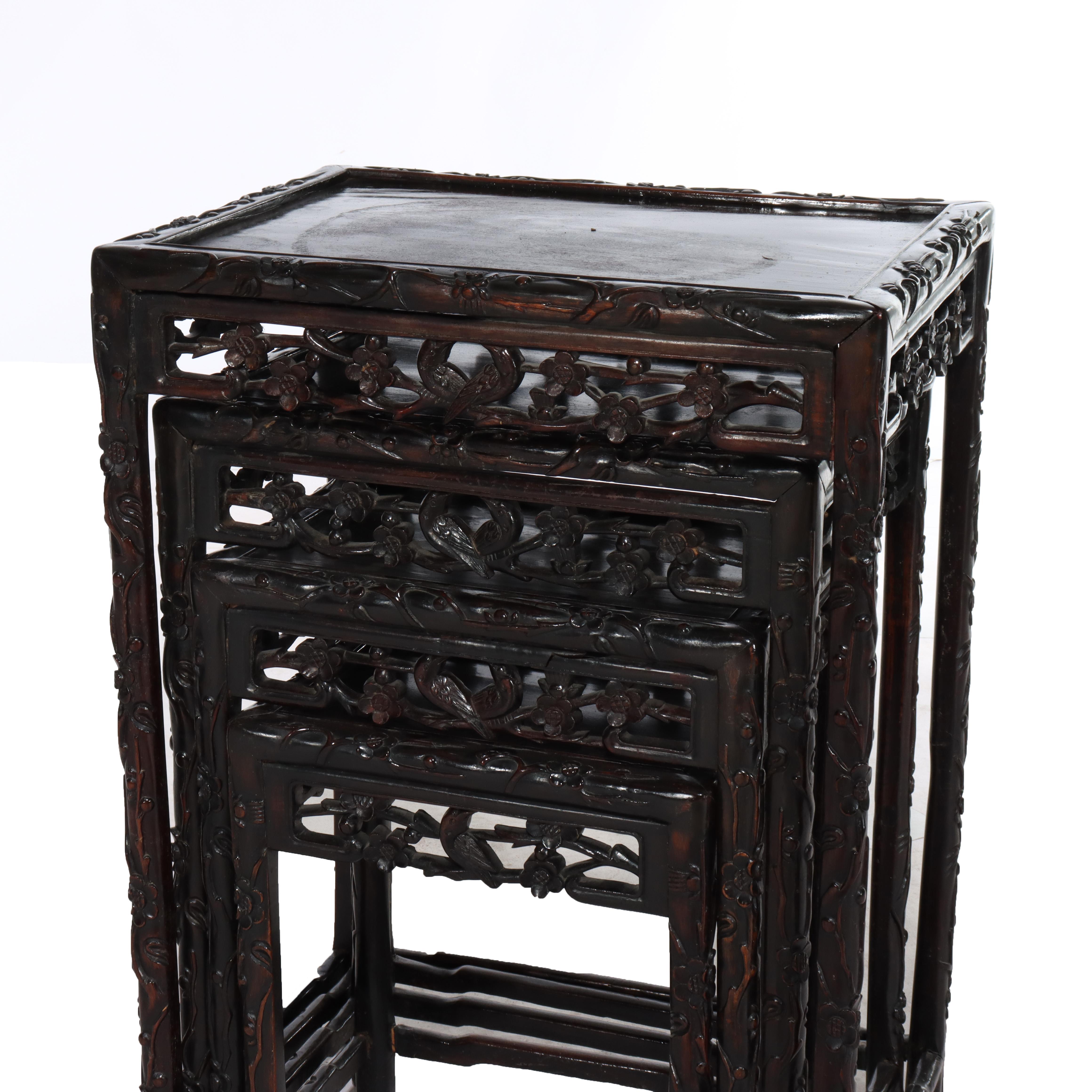 Set of 4 Antique Chinese Floral & Figural Carved Hardwood Nesting Tables For Sale 4