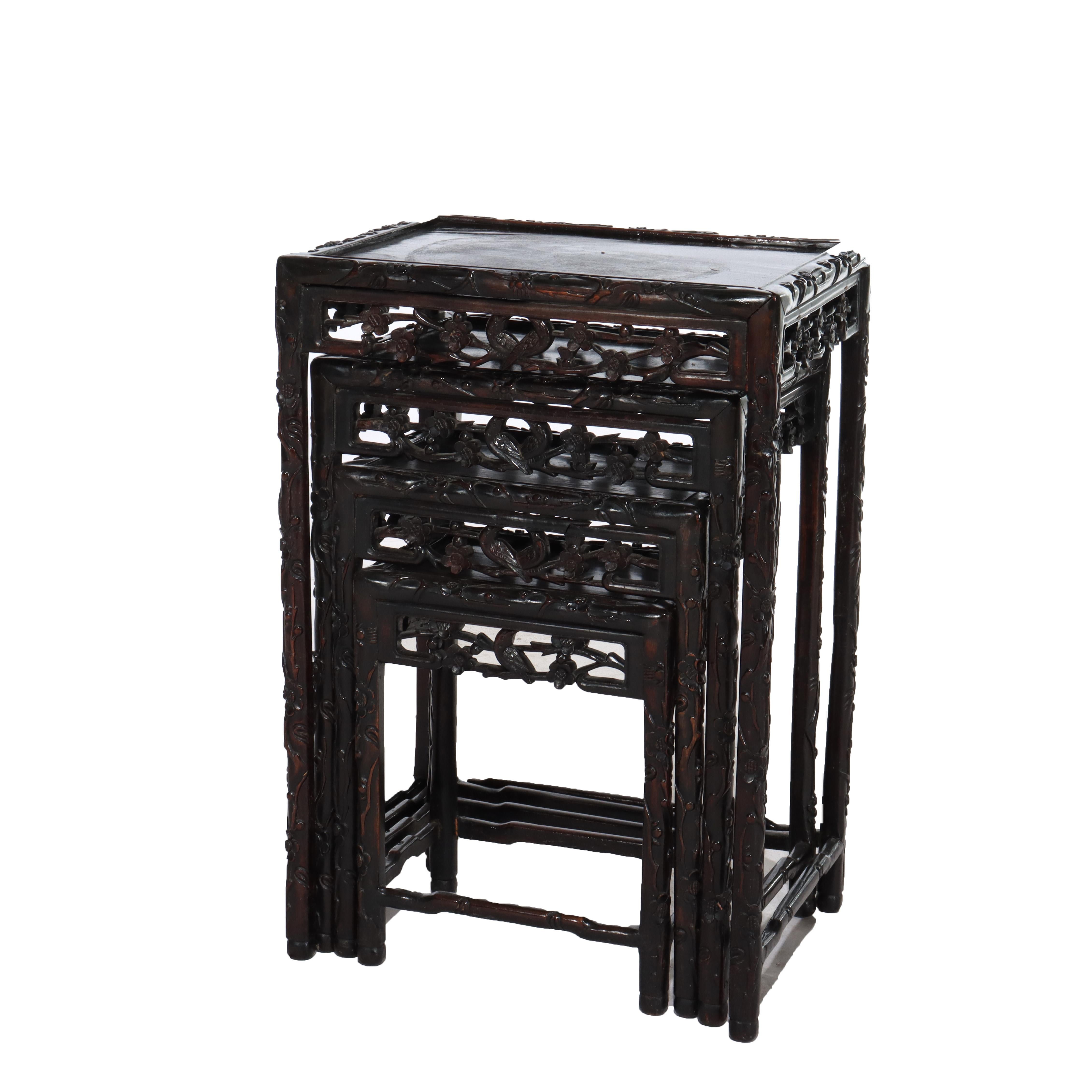 Set of 4 Antique Chinese Floral & Figural Carved Hardwood Nesting Tables For Sale 5