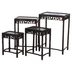 Set of 4 Antique Chinese Floral & Figural Carved Hardwood Nesting Tables