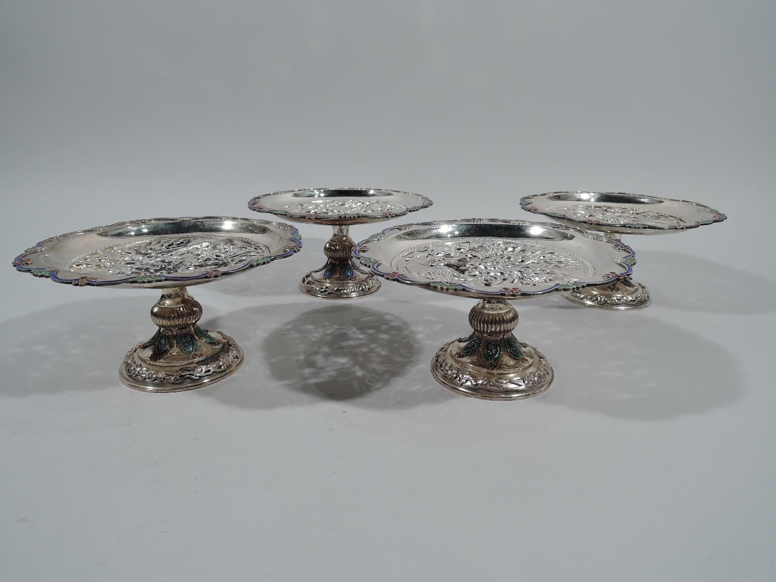 Chinese Export Set of 4 Antique Southeast Asian Silver and Enamel Compotes For Sale