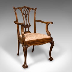 Set of 4 Antique Chippendale Revival Chairs, English, Elbow, Armchair, Victorian