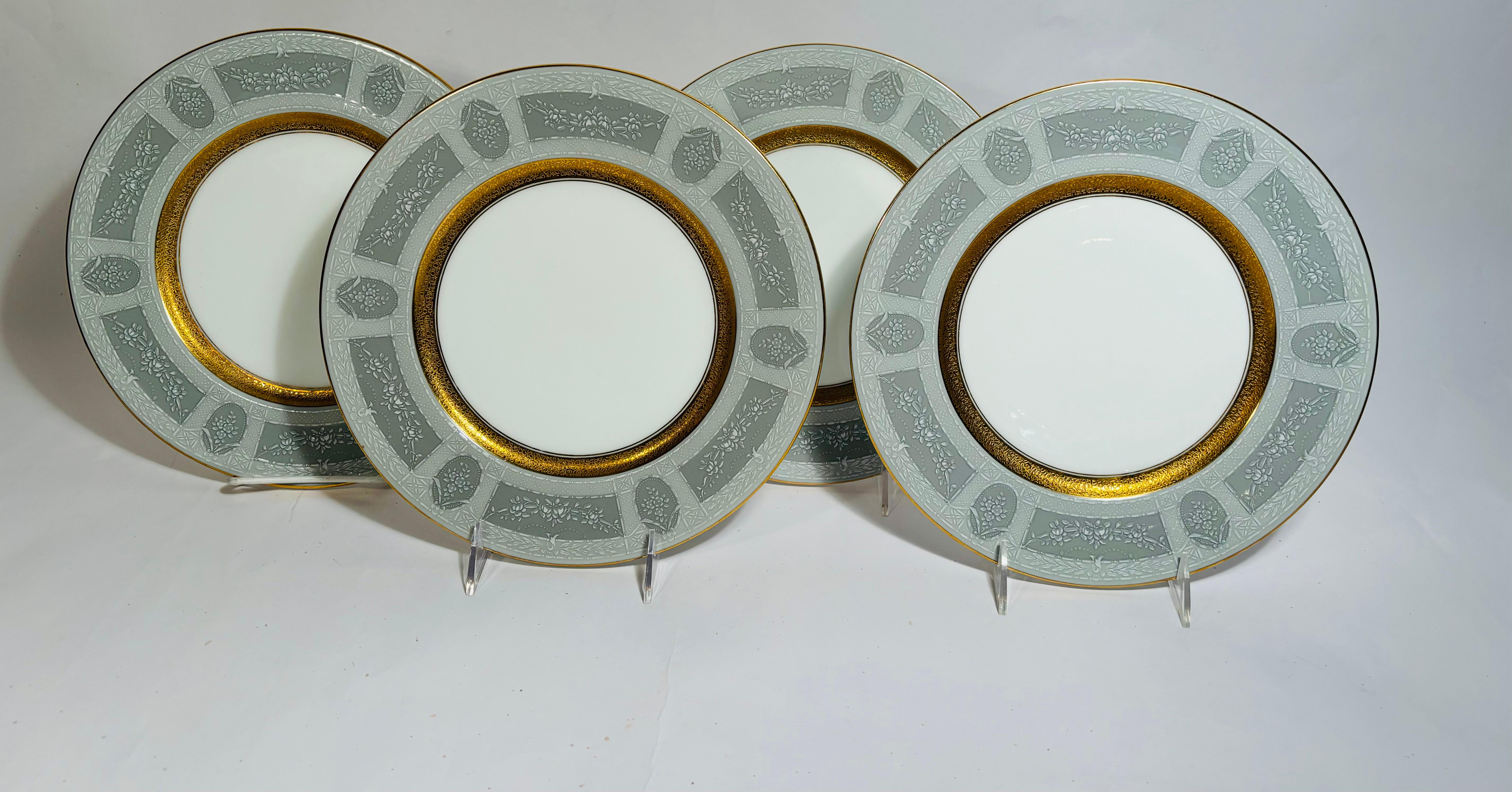 British Set of 4 Antique Coalport England White French Enameling on Grey Dinner Plates