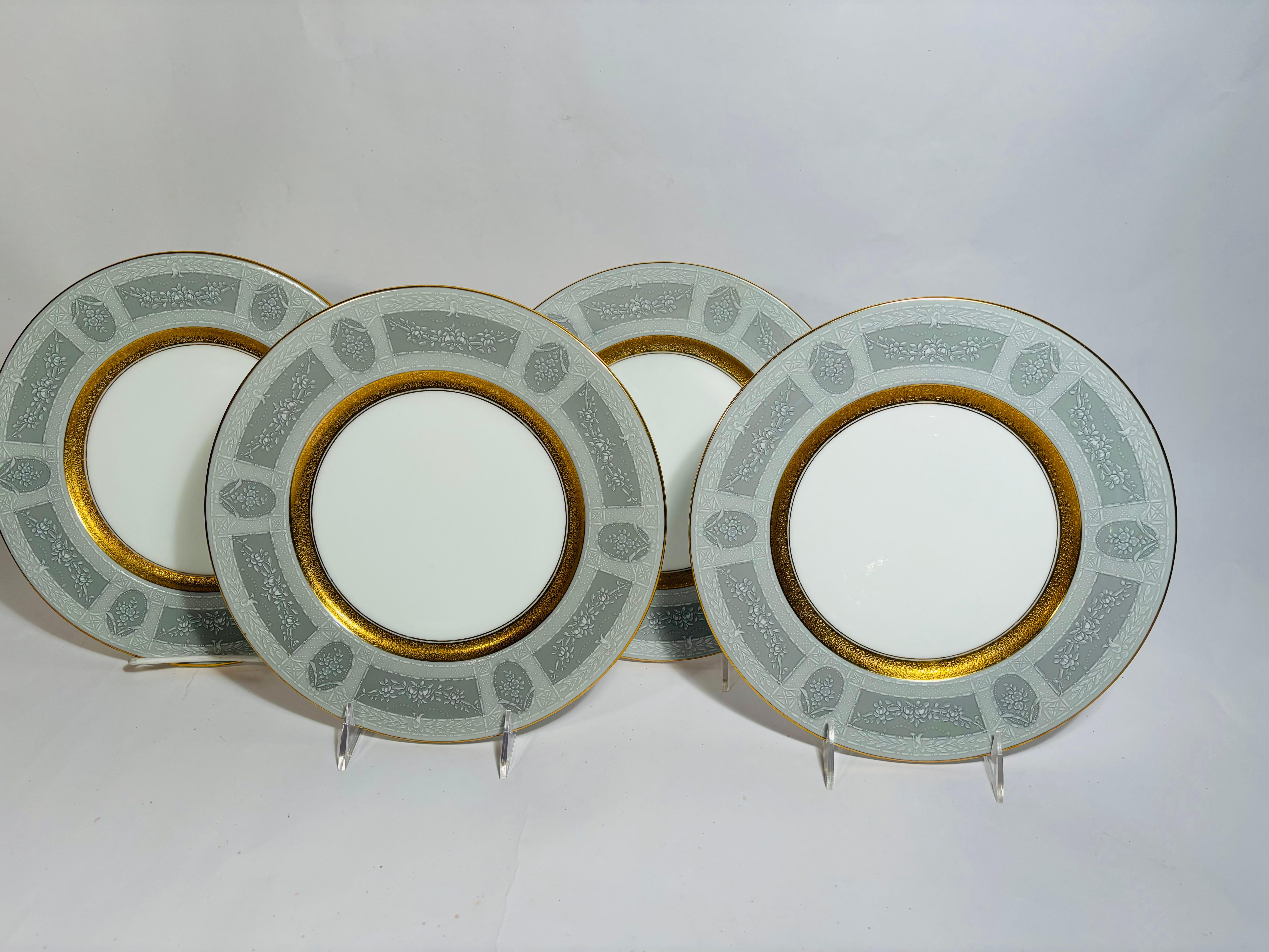 Hand-Crafted Set of 4 Antique Coalport England White French Enameling on Grey Dinner Plates