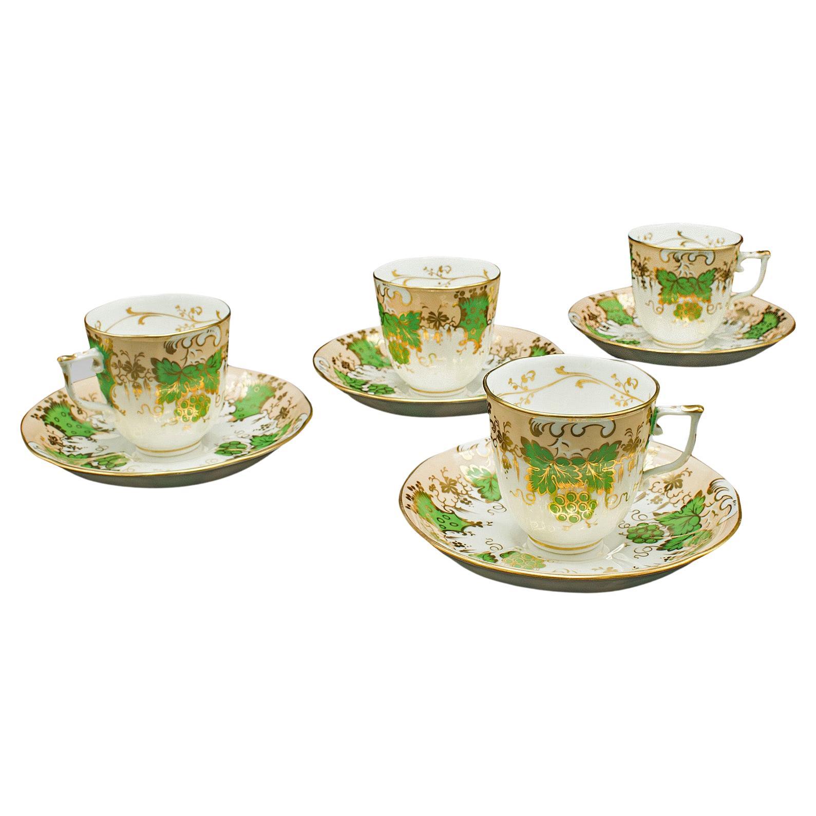 Set of 4 Antique Coffee Cups, English, Bone China, Cup and Saucer, Victorian For Sale