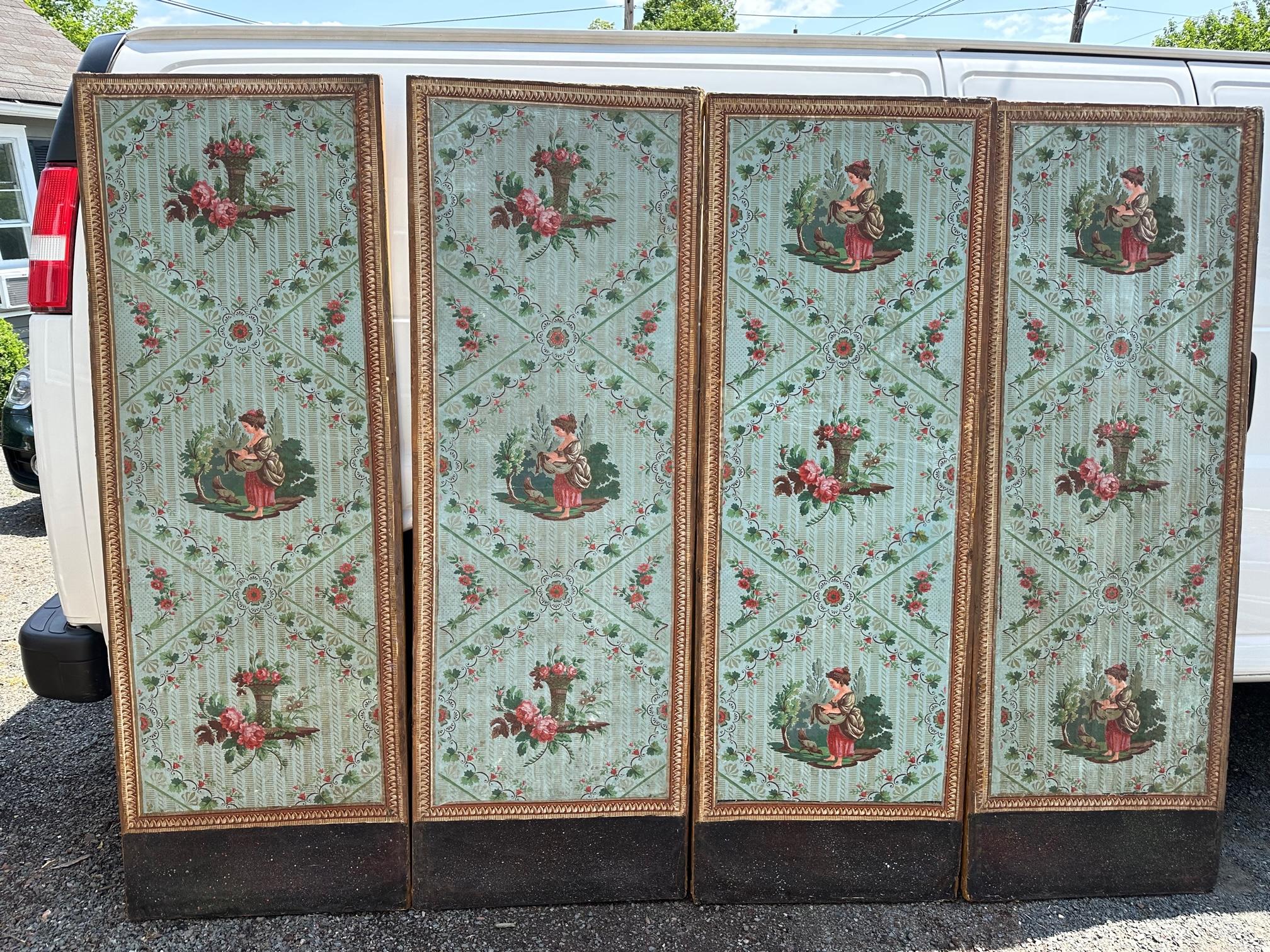 Set of 4 Antique Continental Hand Painted Framed Paper Panels or Screens For Sale