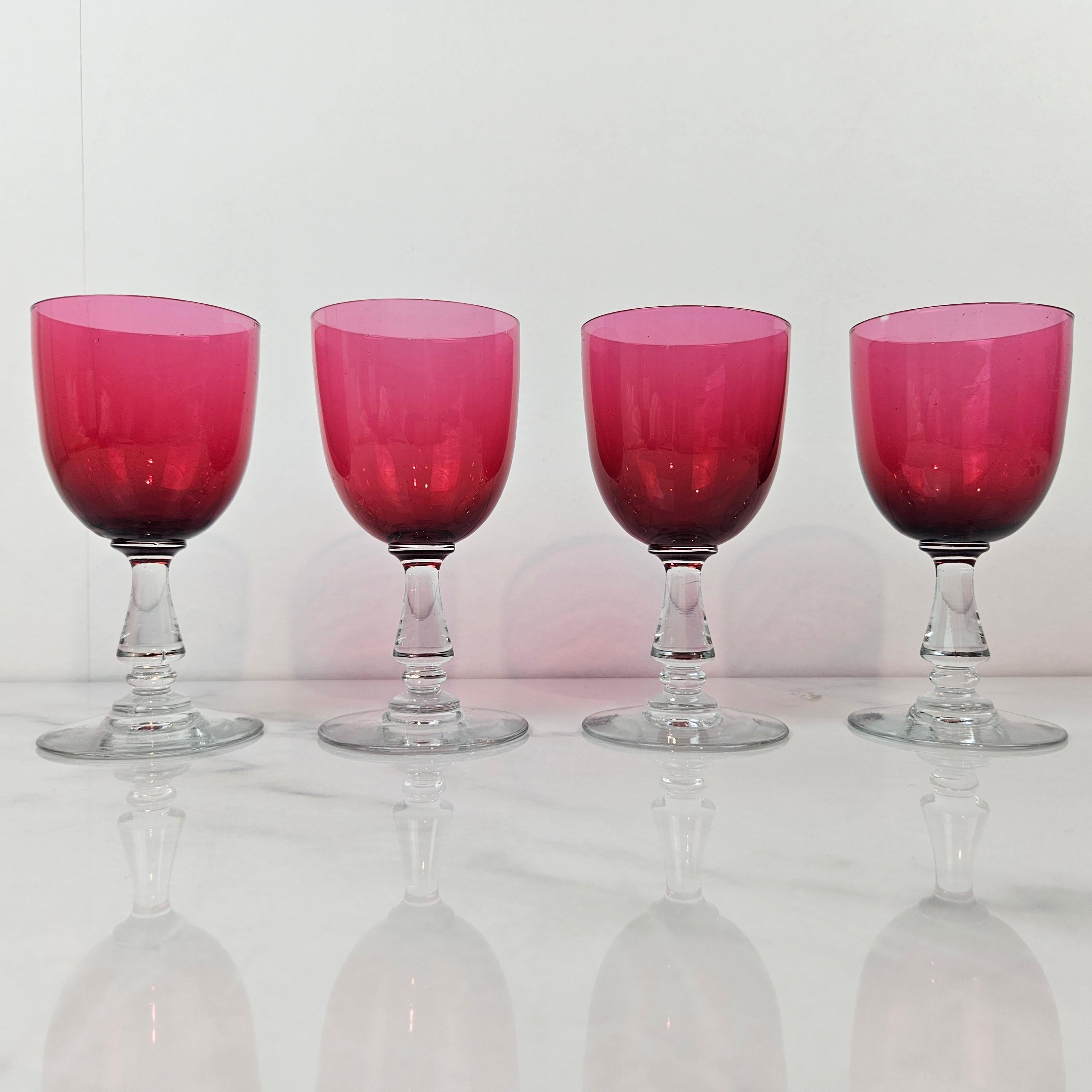 Victorian Set of 4 Antique Cranberry Glass Goblets, United Kingdom, circa 1890 For Sale