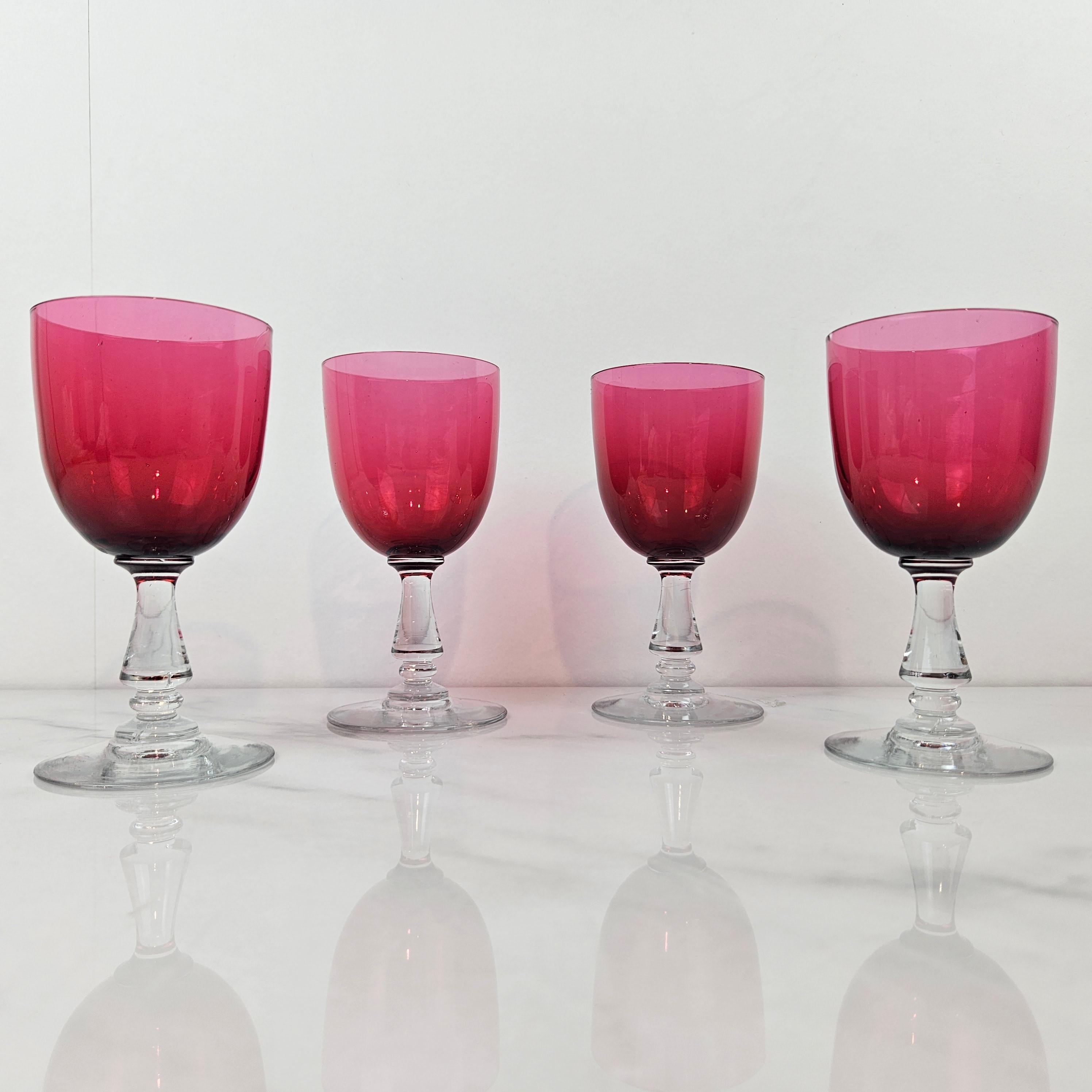 British Set of 4 Antique Cranberry Glass Goblets, United Kingdom, circa 1890 For Sale