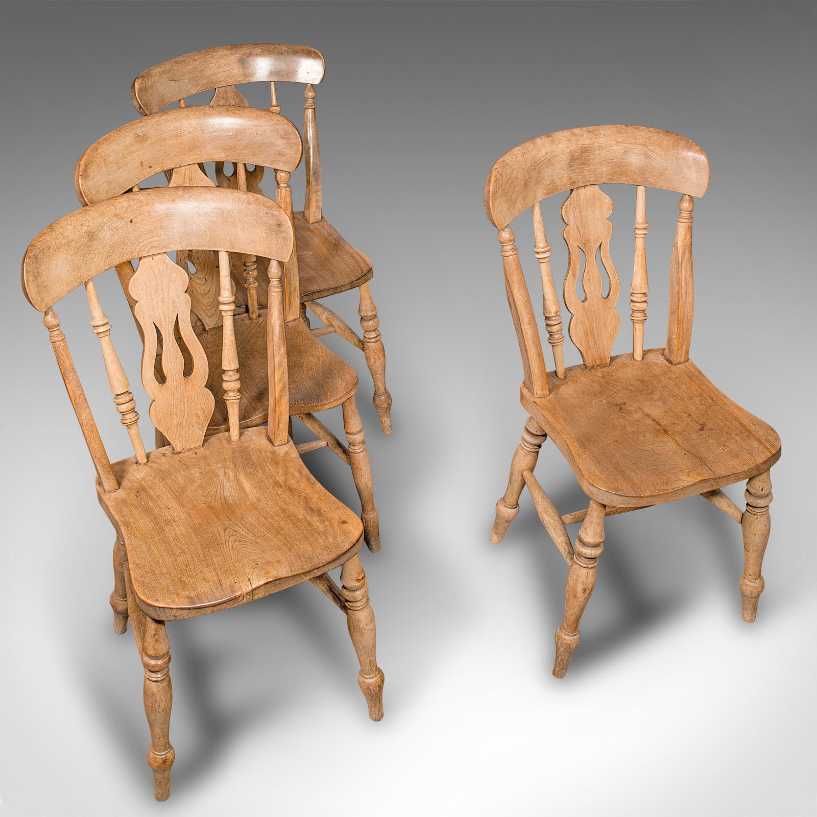 Set Of 4 Antique Dining Chairs, English Elm, Beech, Kitchen, Reception Hall Seat For Sale 3