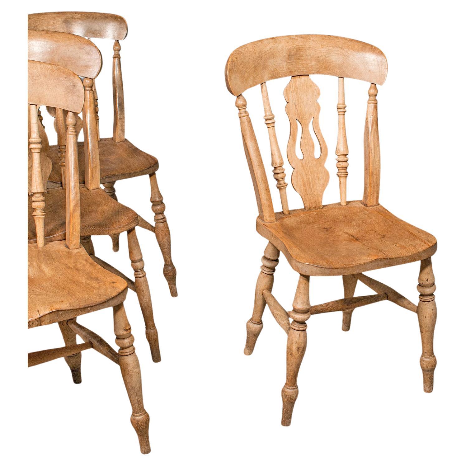 Set Of 4 Antique Dining Chairs, English Elm, Beech, Kitchen, Reception Hall Seat For Sale