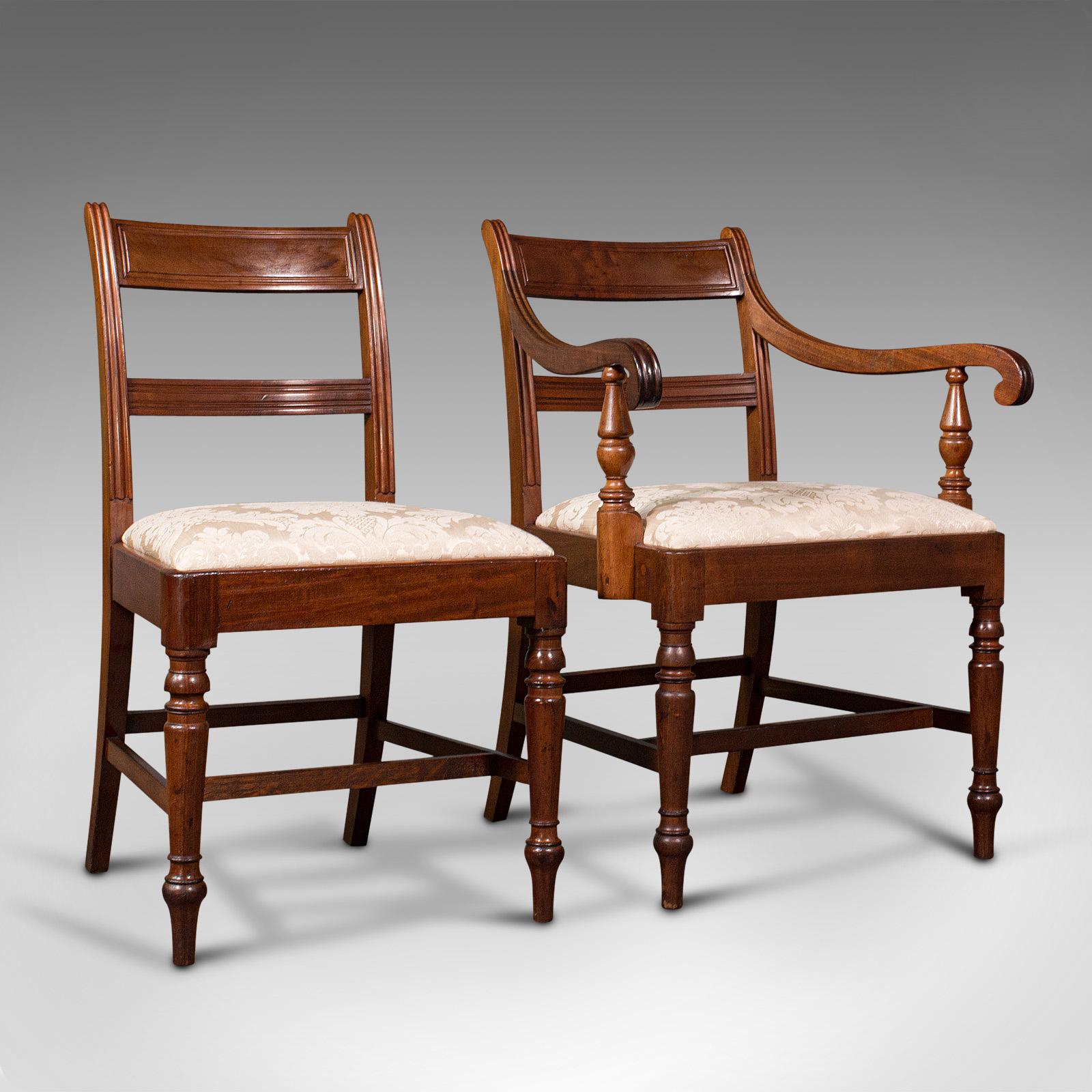 British Set of 4, Antique Dining Chairs, English, Mahogany, Pair of Carvers, Regency