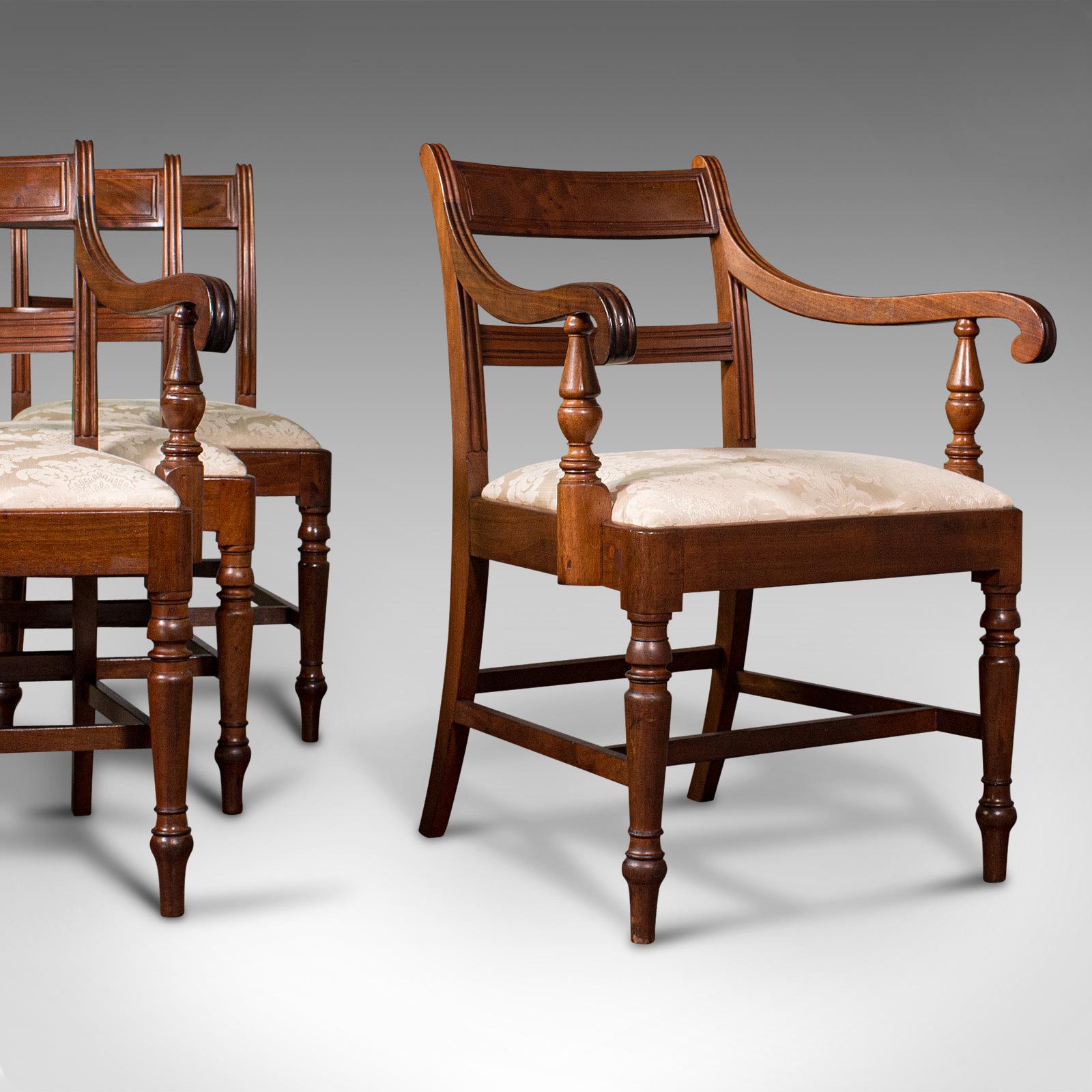 This is a set of four antique dining chairs. An English, mahogany carver and slipper chair suite, dating to the Regency period, circa 1820.

Tasteful Regency craftsmanship and quality upholstery
Displaying a desirable aged patina and in good