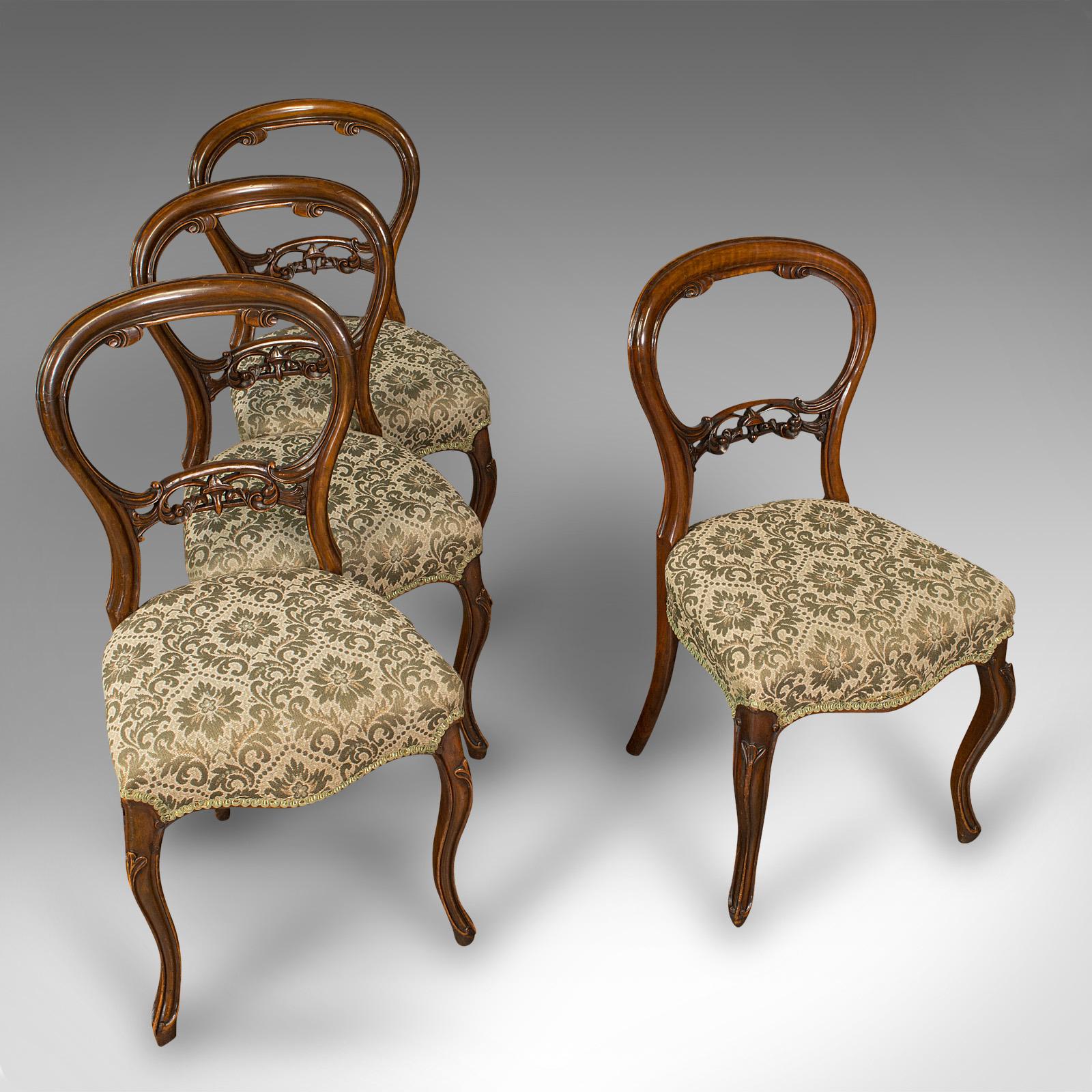 Set of 4 Antique Dining Chairs, English, Walnut, Balloon Back, Victorian, 1850 1