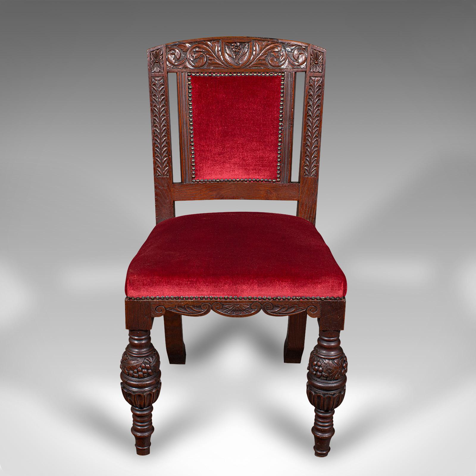This is a set of 4 antique dining chairs. A Scottish, carved oak seat in Gothic revival taste, dating to the Victorian period, circa 1880.

Fascinating country house dining chairs, with superb detail
Displaying a desirable aged patina and in good