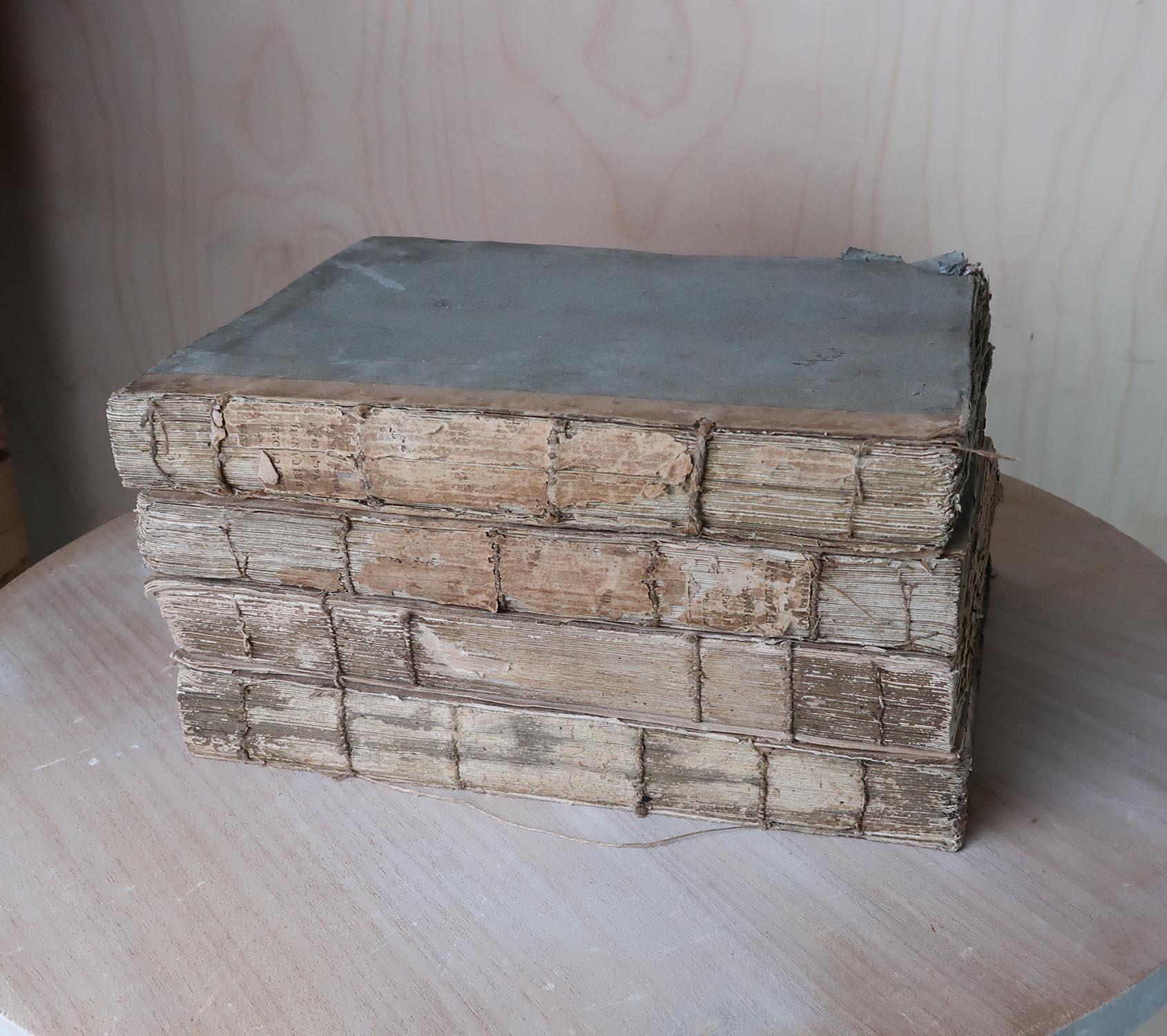 Wonderfully distressed books with a lovely color of boards and equally beautiful fore edges.

They are random volumes of The Encyclopedia Britannica, circa 1800.








