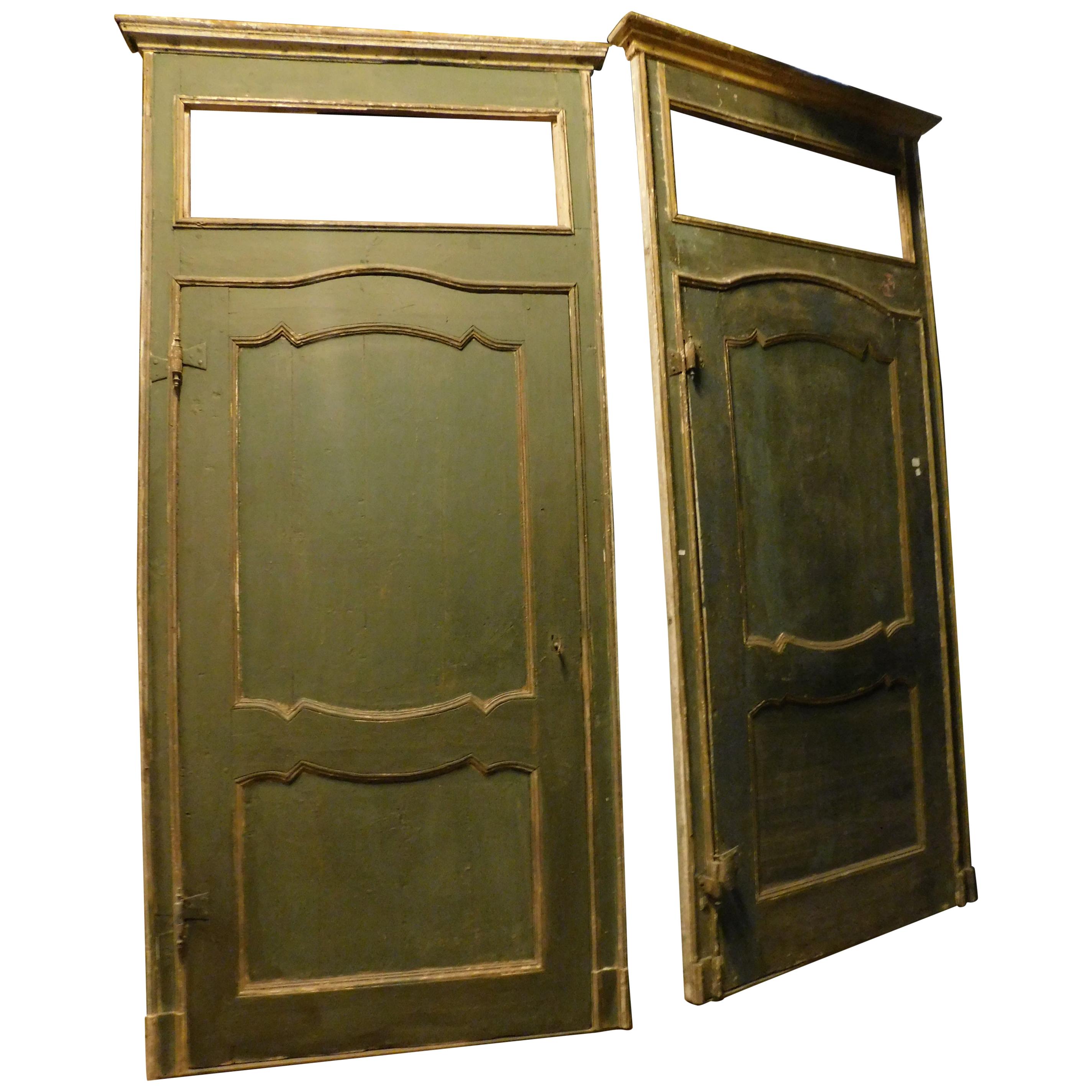 Set of 4 Antique Doors with Frame, Green and Yellow Lacquered, 1700, Italy For Sale