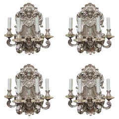 Set of 4, Antique E.F. Caldwell Quality Silvered Bronze 4-Light Figural Sconces