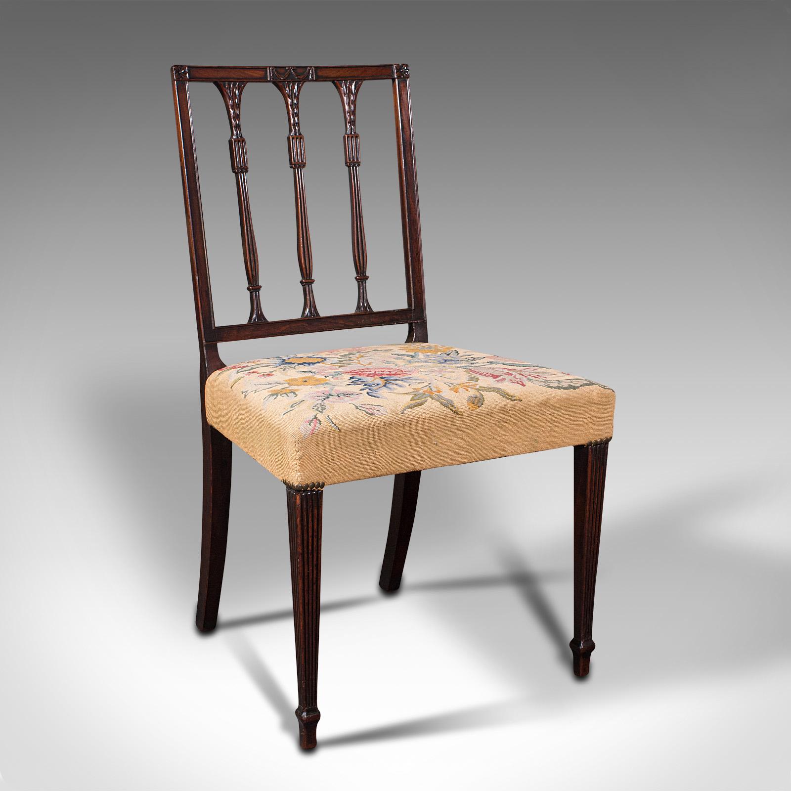 British Set of 4 Antique Embroidered Chairs, English, Dining Seat, After Sheraton, 1780