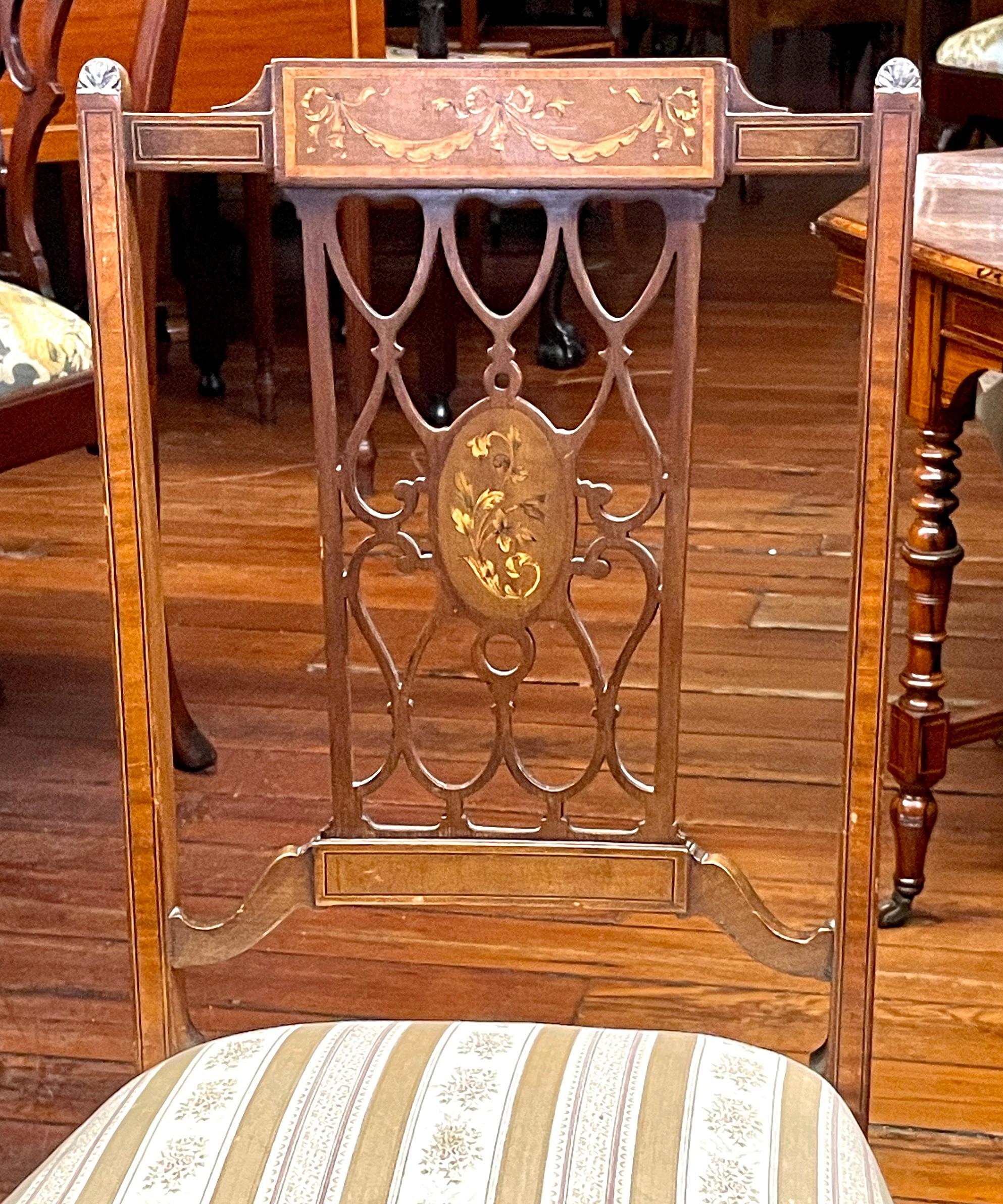 Set of 4 Antique English Edwardian marquetry inlaid Mahog. Sheraton style chairs For Sale 9