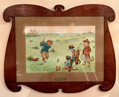 Set of 4 Antique English Framed "Cat's Golfing" Prints by Louis Wain (1860–1939)