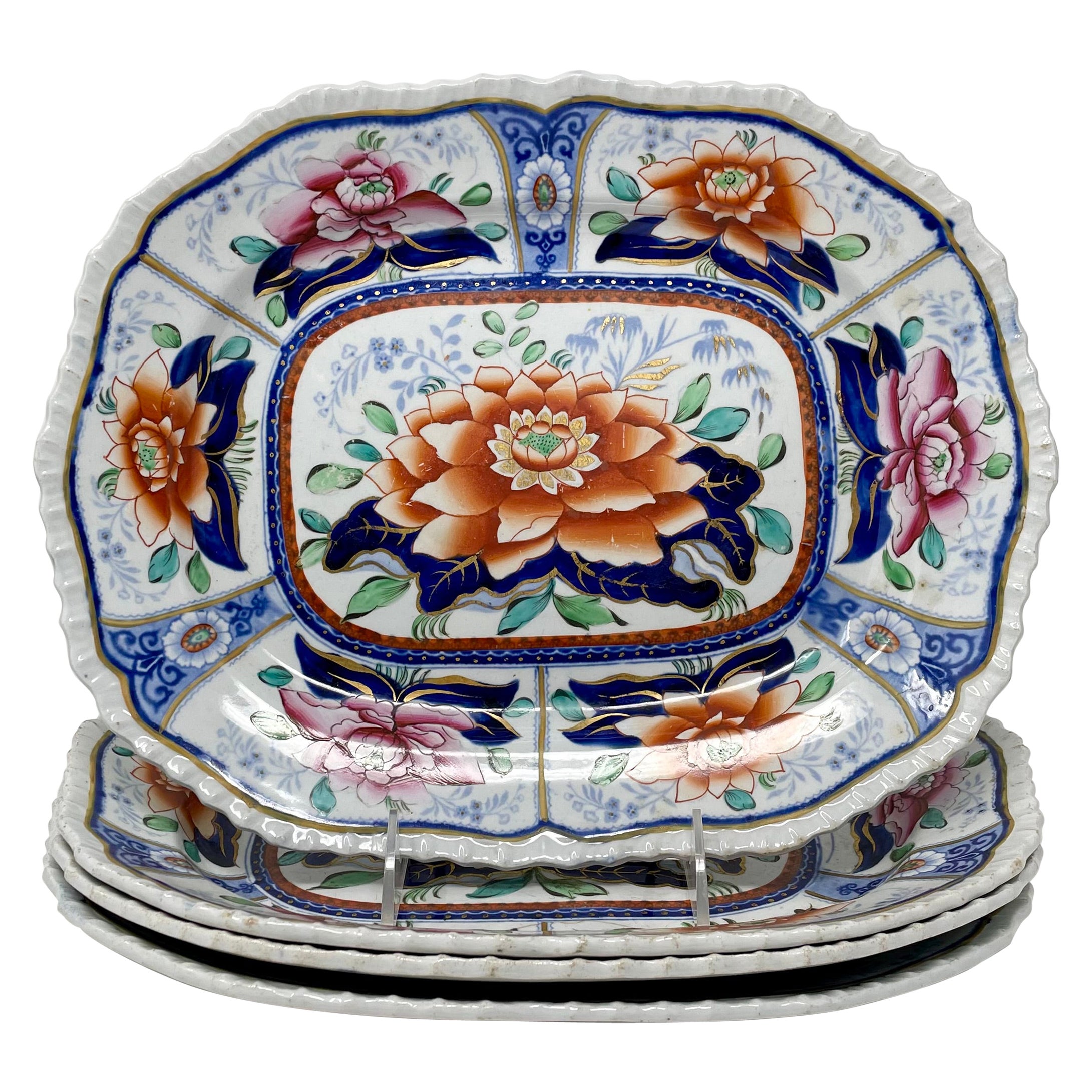 Set of 4 Antique English Ironstone Platters Signed "Hicks & Meigh" Circa 1860 For Sale