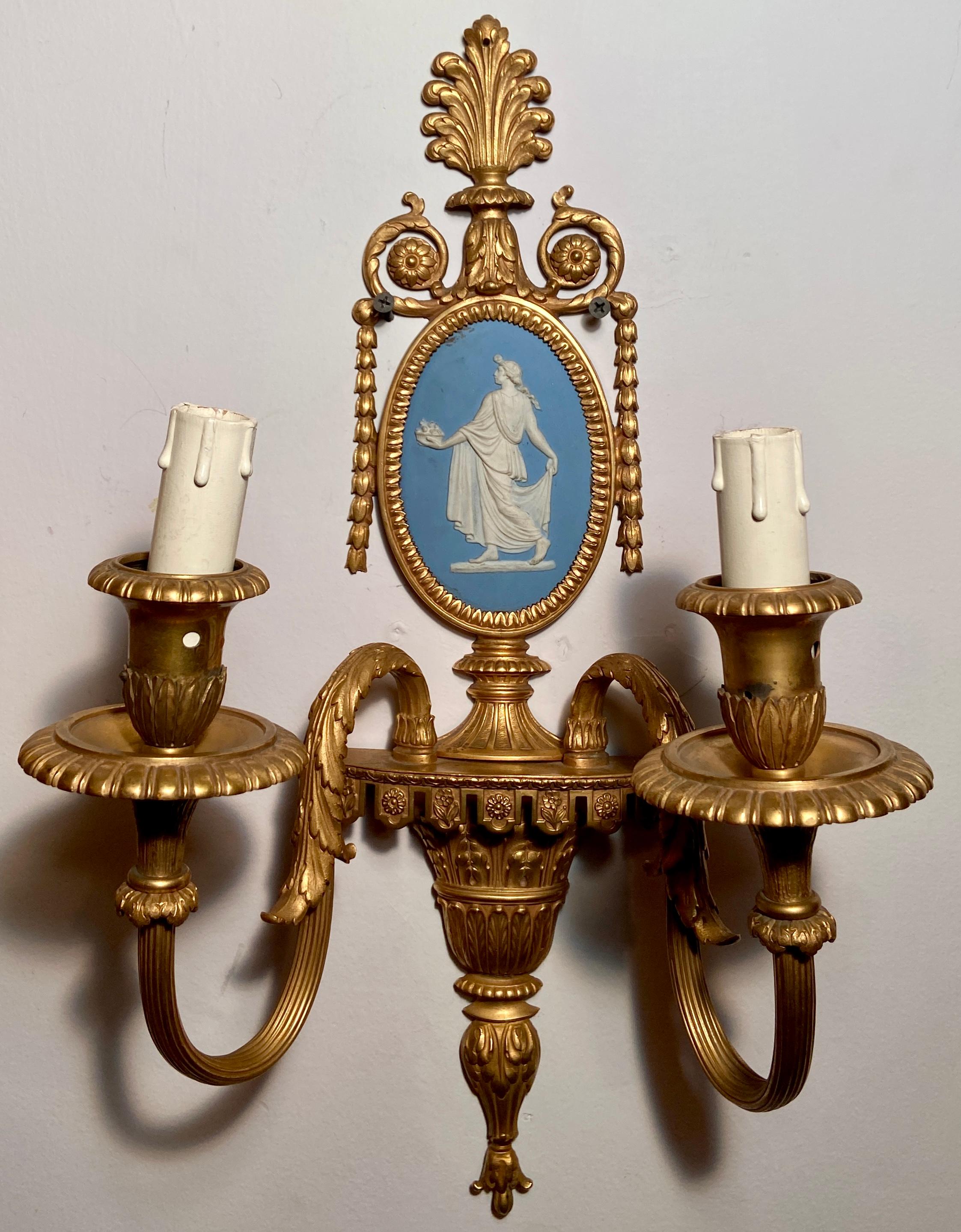 Set of 4 antique English Ormolu mounted wedgwood Porcelain sconces.