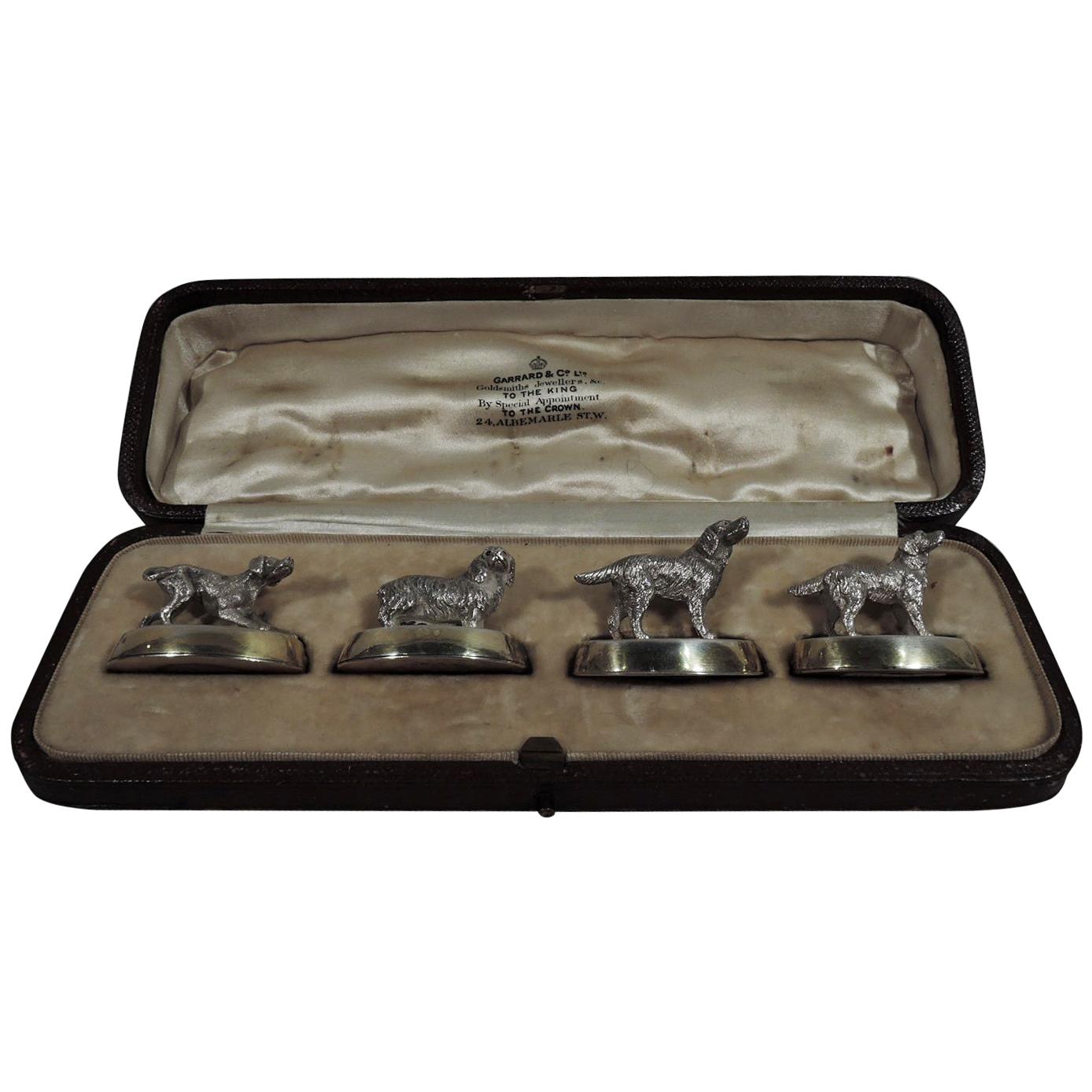 Set of 4 Antique English Sterling Silver Place Card Holders with Dogs