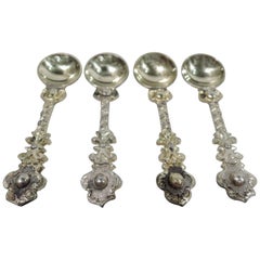 Set of 4 Antique English Victorian Silver Gilt Salt Spoons