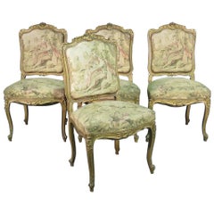 Set of 4 Antique French Figural Tapestry Gilded Dining Side Parlor Chairs