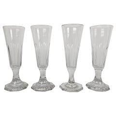 Set of 4 Antique French Hand-Blown Crystal Champagne Flutes with Cut Base