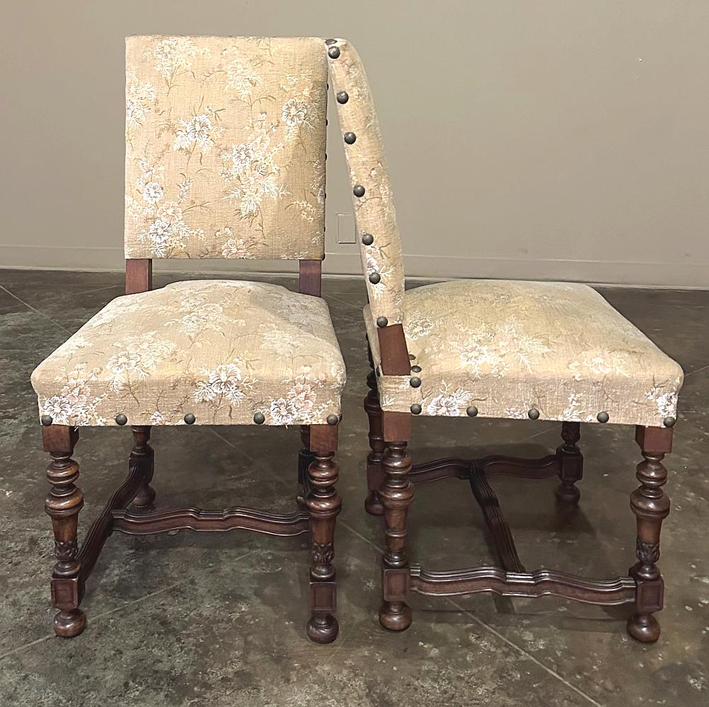 Fabric Set of 4 Antique French Louis XIV Walnut Salon Chairs ~ Side Chairs For Sale