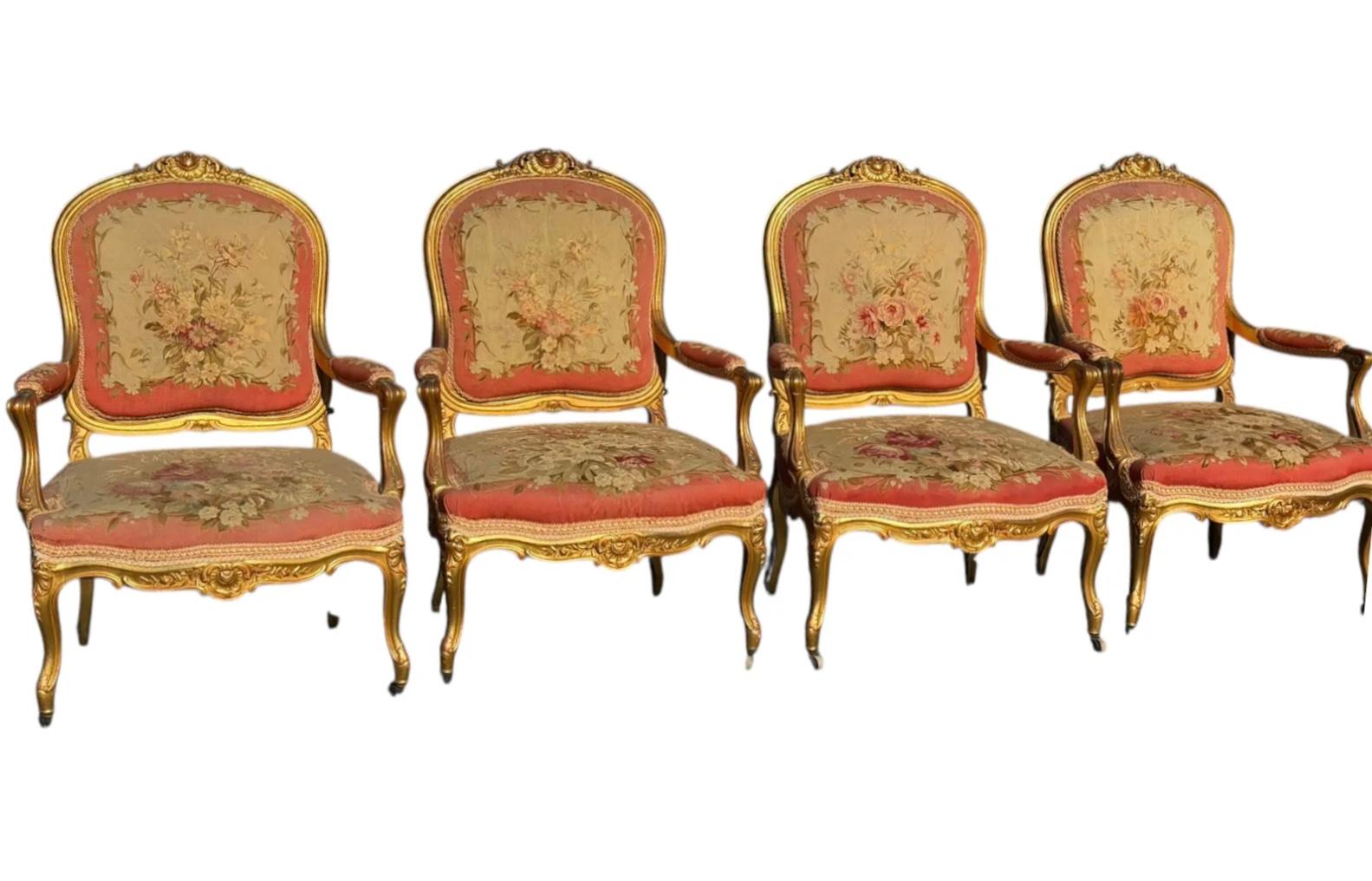 Set of 4 Antique French Louis XV Style Giltwood & Aubusson Tapestry Fauteuil Arm Chairs.