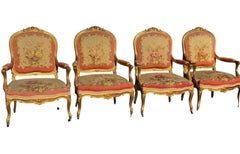 Set of 4 Antique French Louis XV Style Giltwood & Aubusson Tapestry Fauteuil Arm