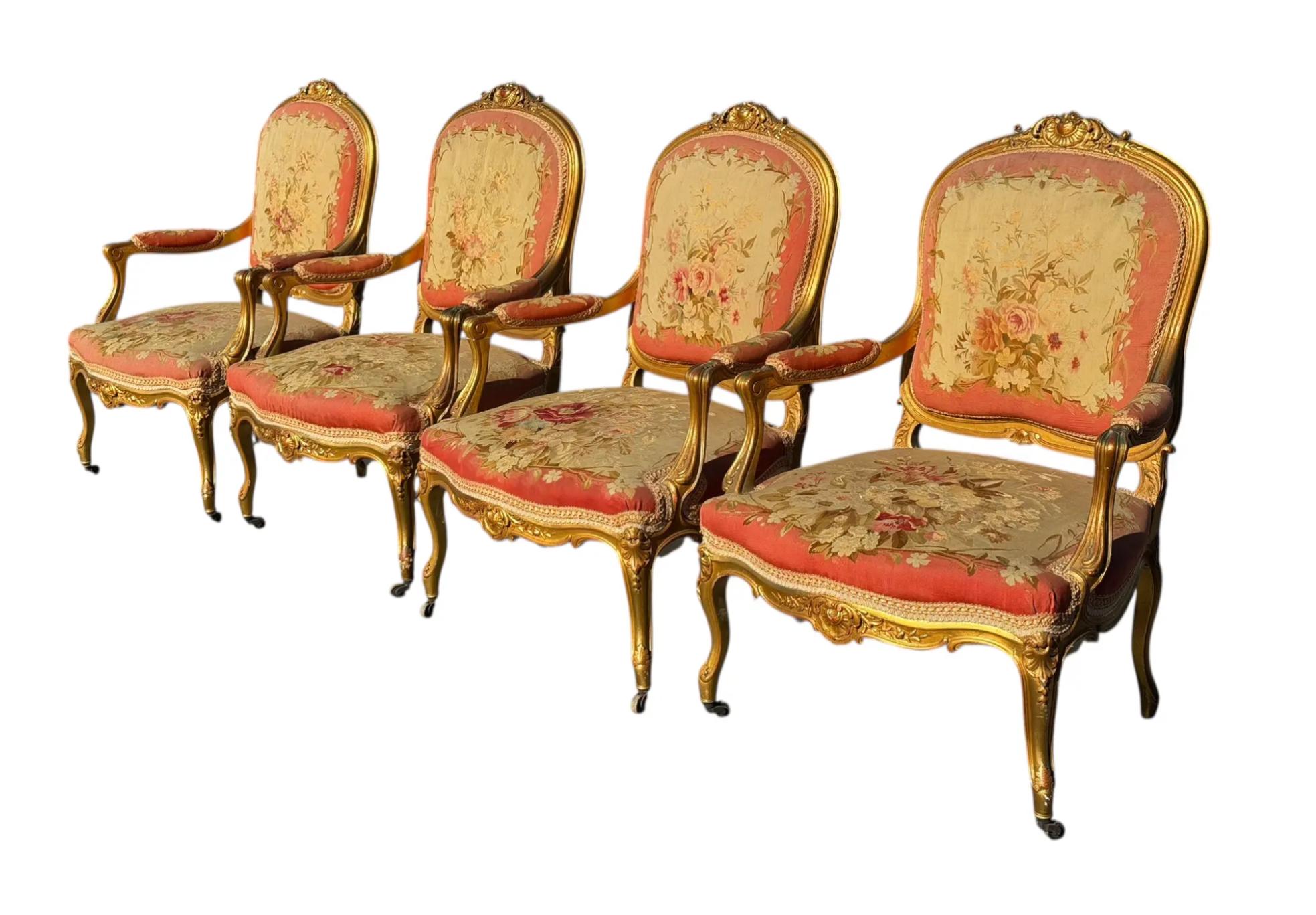 Set of 4 Antique French Louis XV Style Giltwood & Aubusson Tapestry Fauteuil Arm In Good Condition For Sale In LOS ANGELES, CA