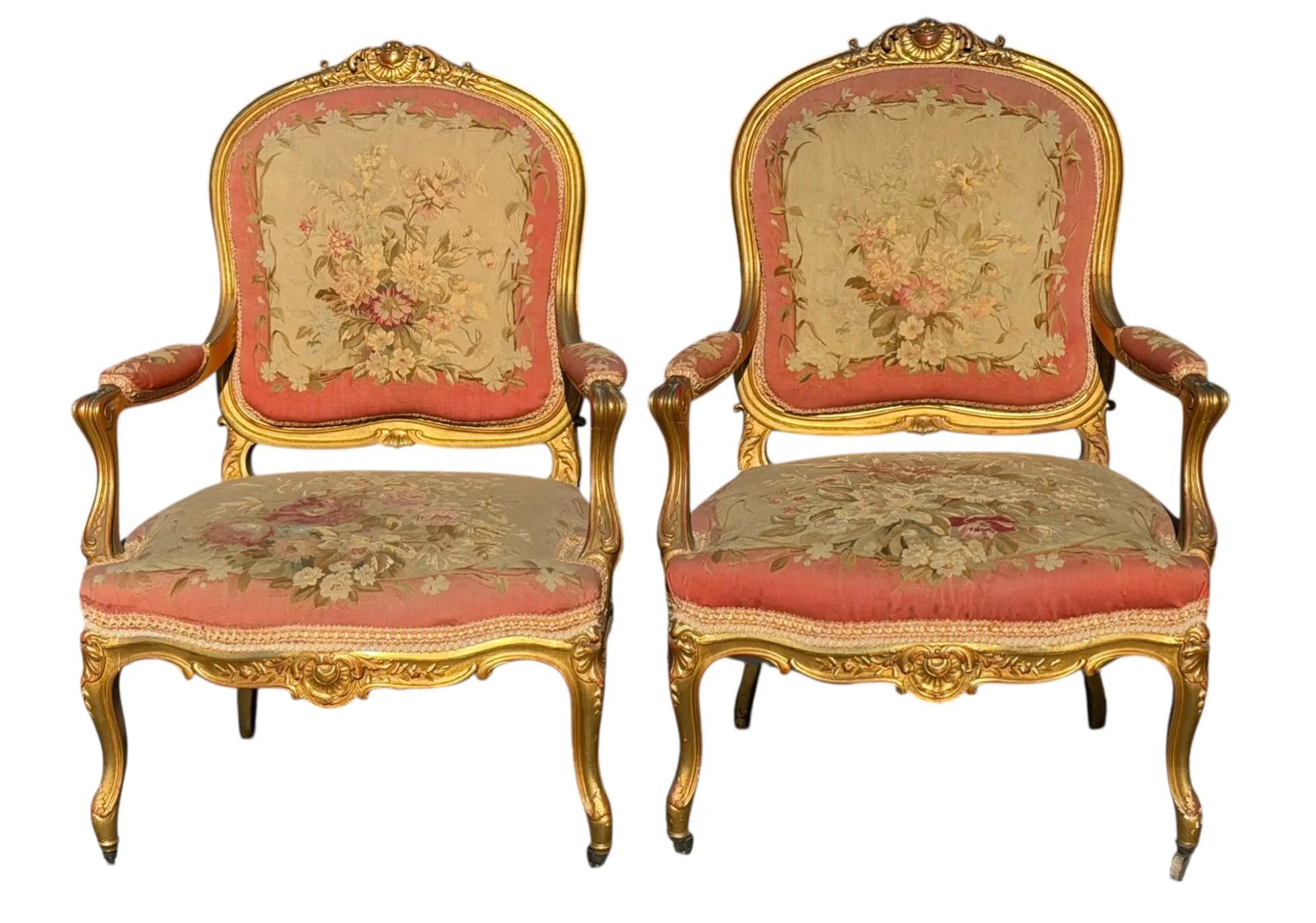 19th Century Set of 4 Antique French Louis XV Style Giltwood & Aubusson Tapestry Fauteuil Arm For Sale