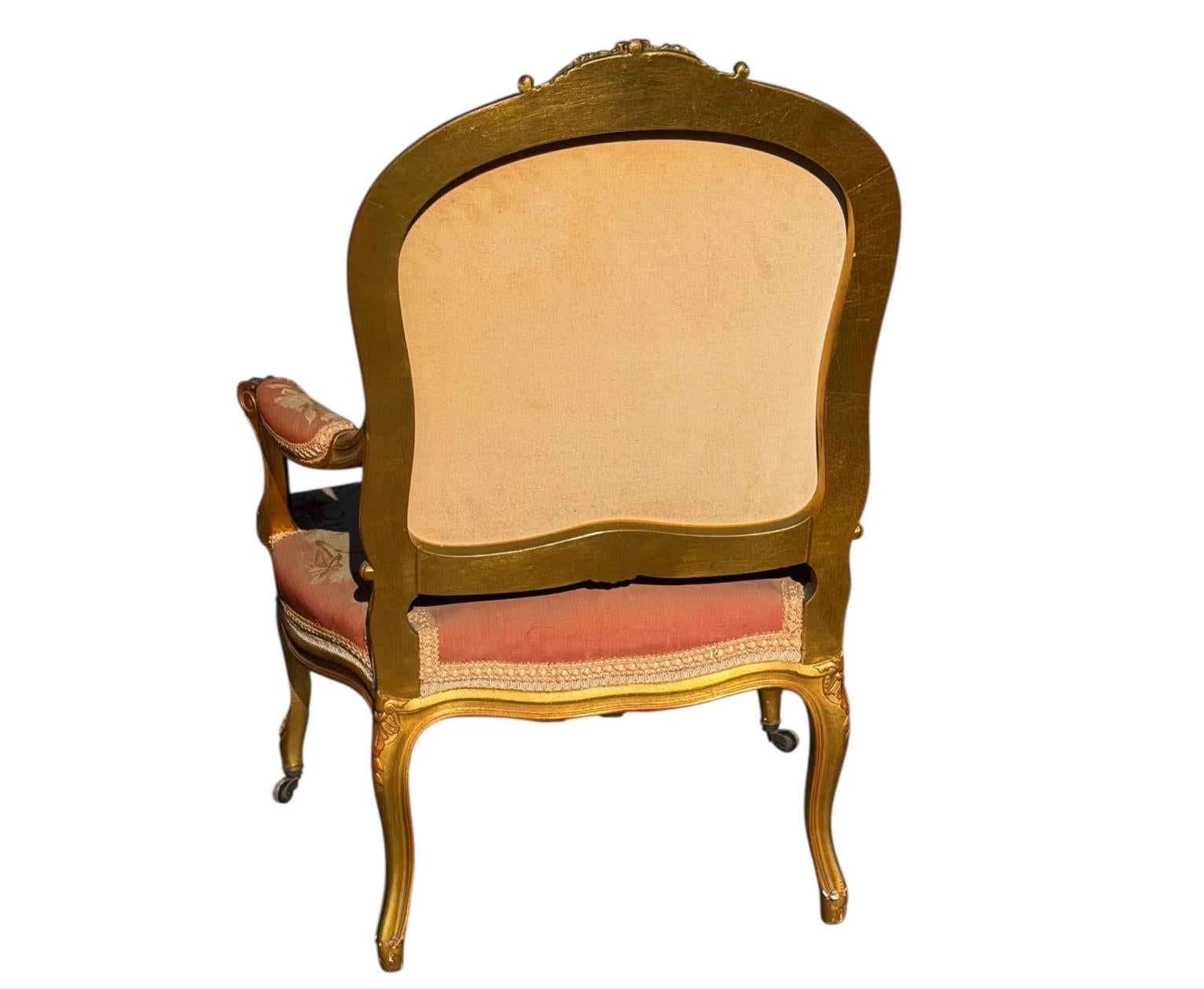 Set of 4 Antique French Louis XV Style Giltwood & Aubusson Tapestry Fauteuil Arm For Sale 1