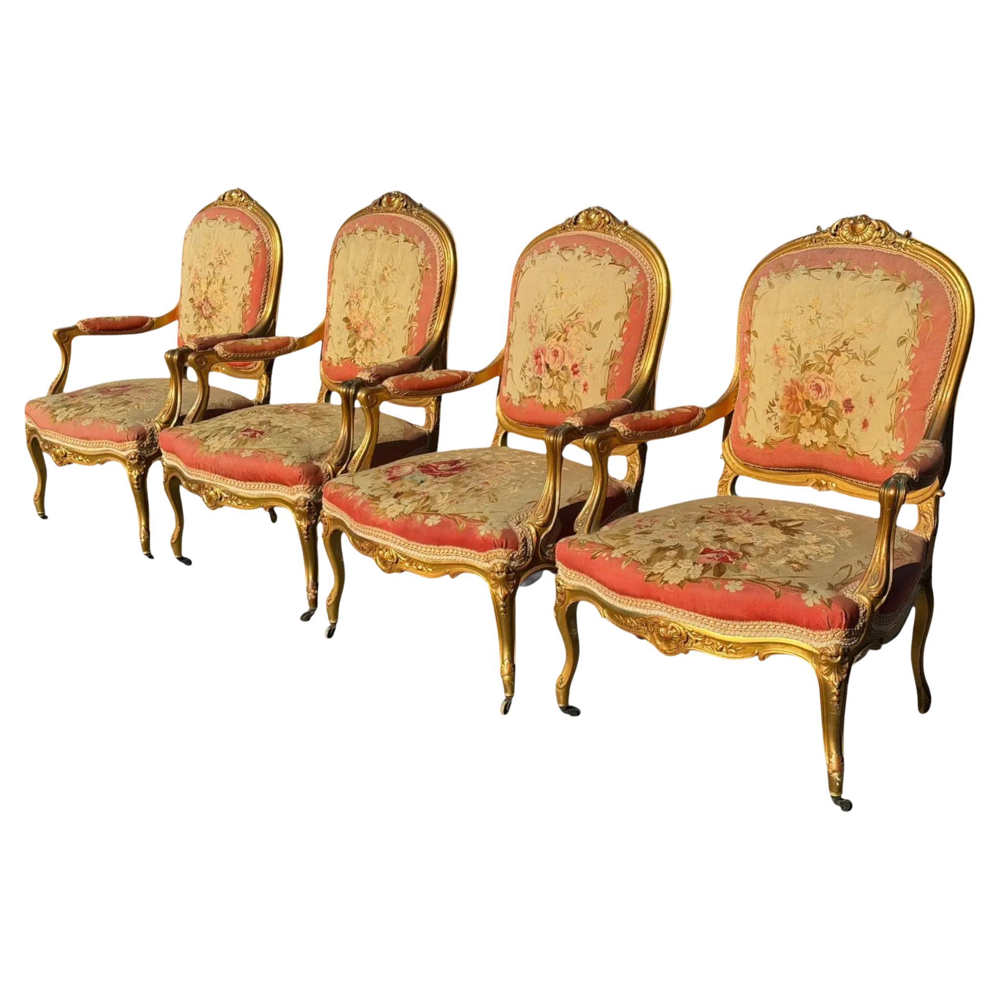 Set of 4 Antique French Louis XV Style Giltwood 
Aubusson Tapestry Fauteuil Arm For Sale