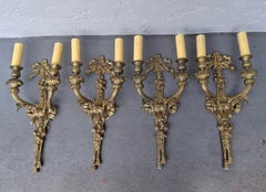 Set of 4 Antique French Louis XVI Gold Bronze Floral, Ribbon, Tassel Sconces